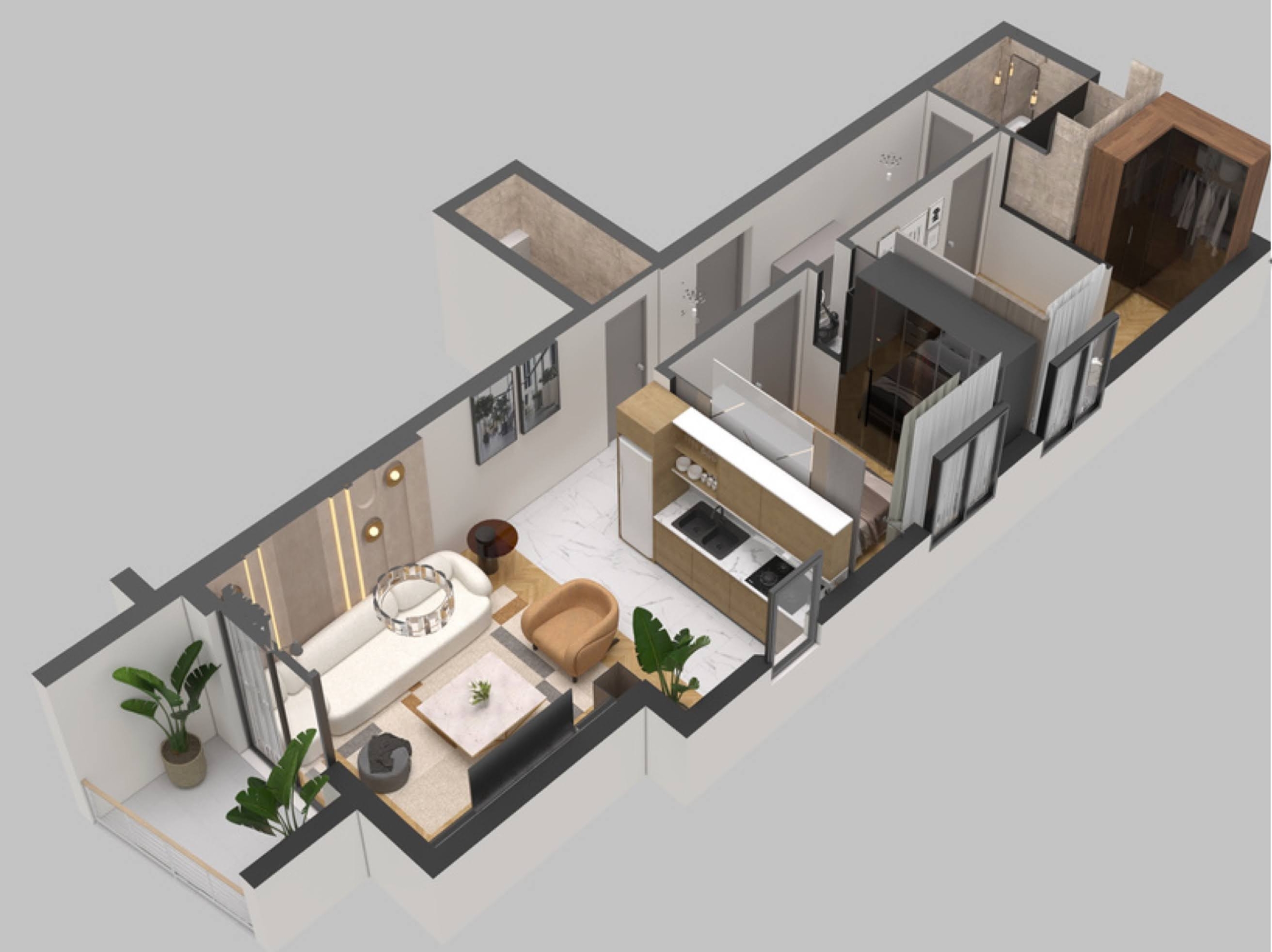 3D floor plan of an apartment in the Becici residential complex, Montenegro: living room with kitchen, bedroom, walk-in closet, and furnished terrace.
