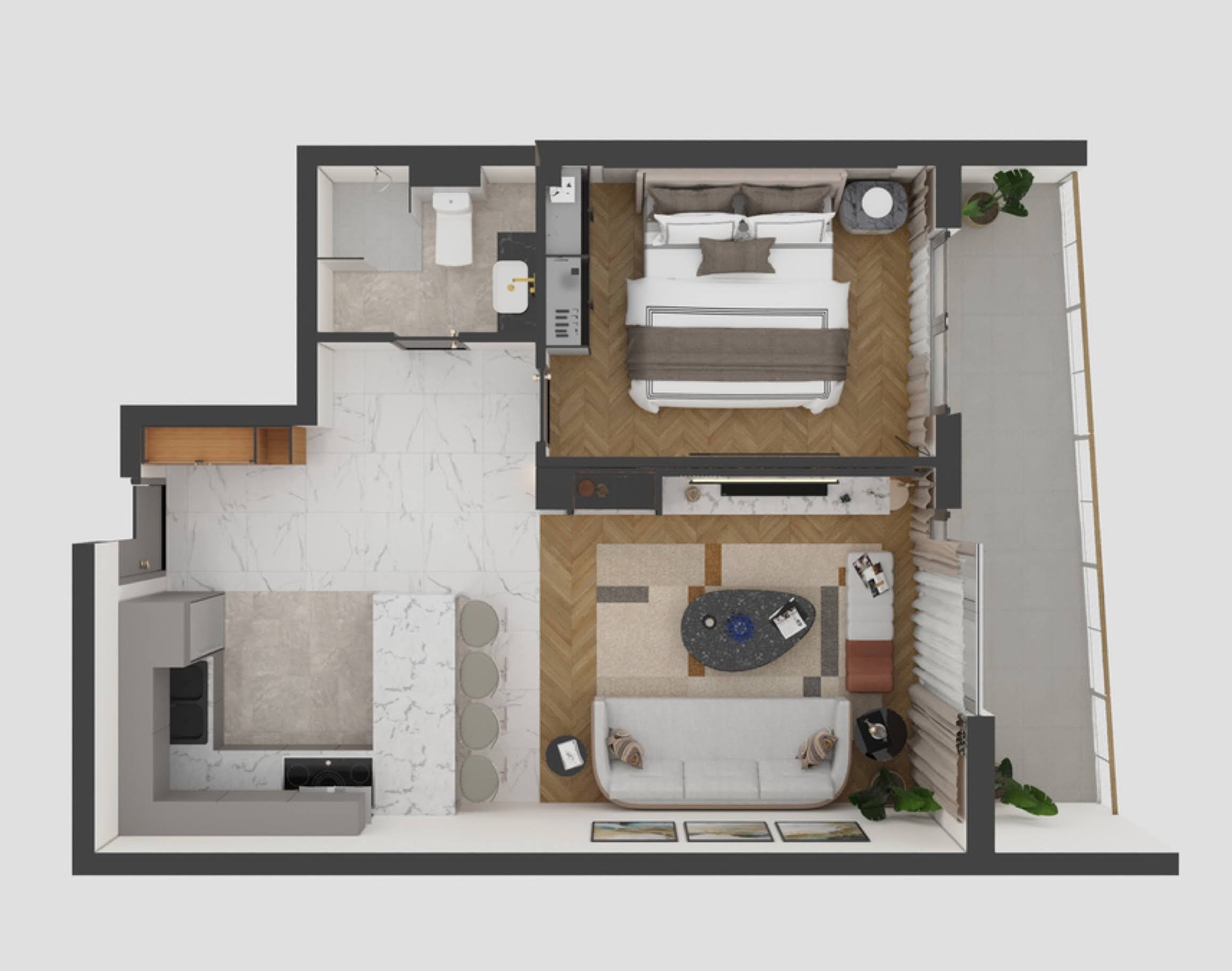 Apartment layout in a residential complex in Bečići, Montenegro: kitchen-living room, bedroom, bathroom, and a spacious furnished terrace.