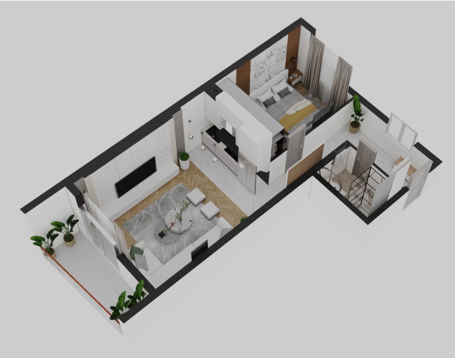 3D floor plan of an apartment in Bečići, Montenegro: living room, kitchen, bedroom, and terrace with modern finishes and furniture.