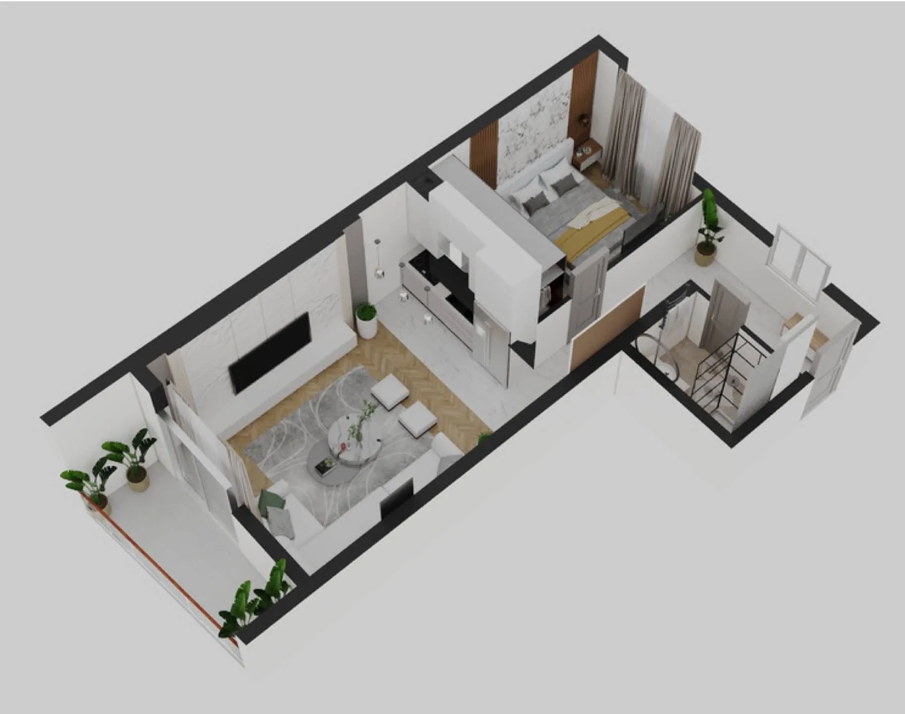 Top-down 3D floor plan showing a living room with a sofa, a bedroom with a bed, kitchen, and bathroom in modern style.