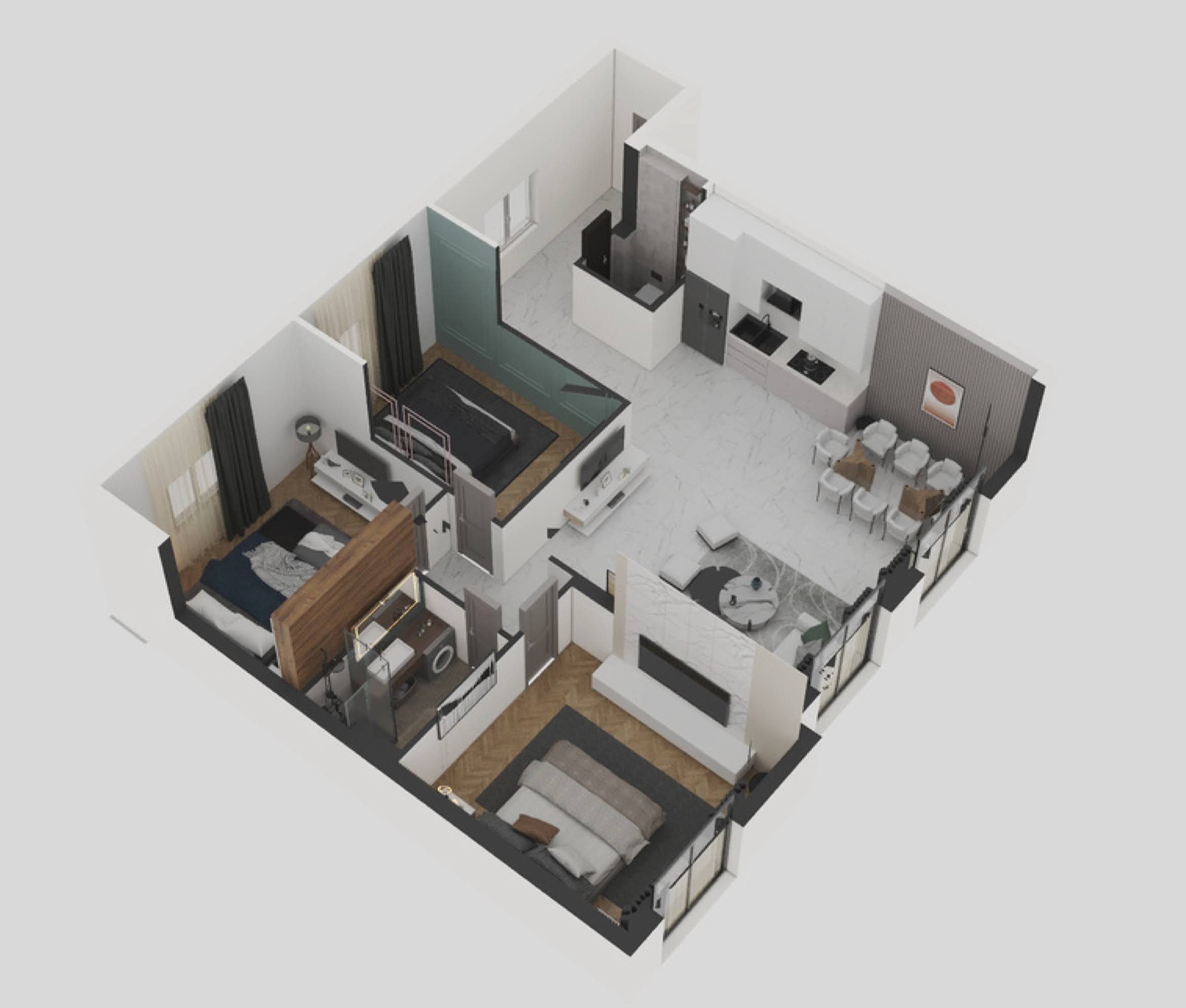 3D floor plan of an apartment in the Becici residential complex, Montenegro: two bedrooms, kitchen-living room, modern design, and bright finishes.