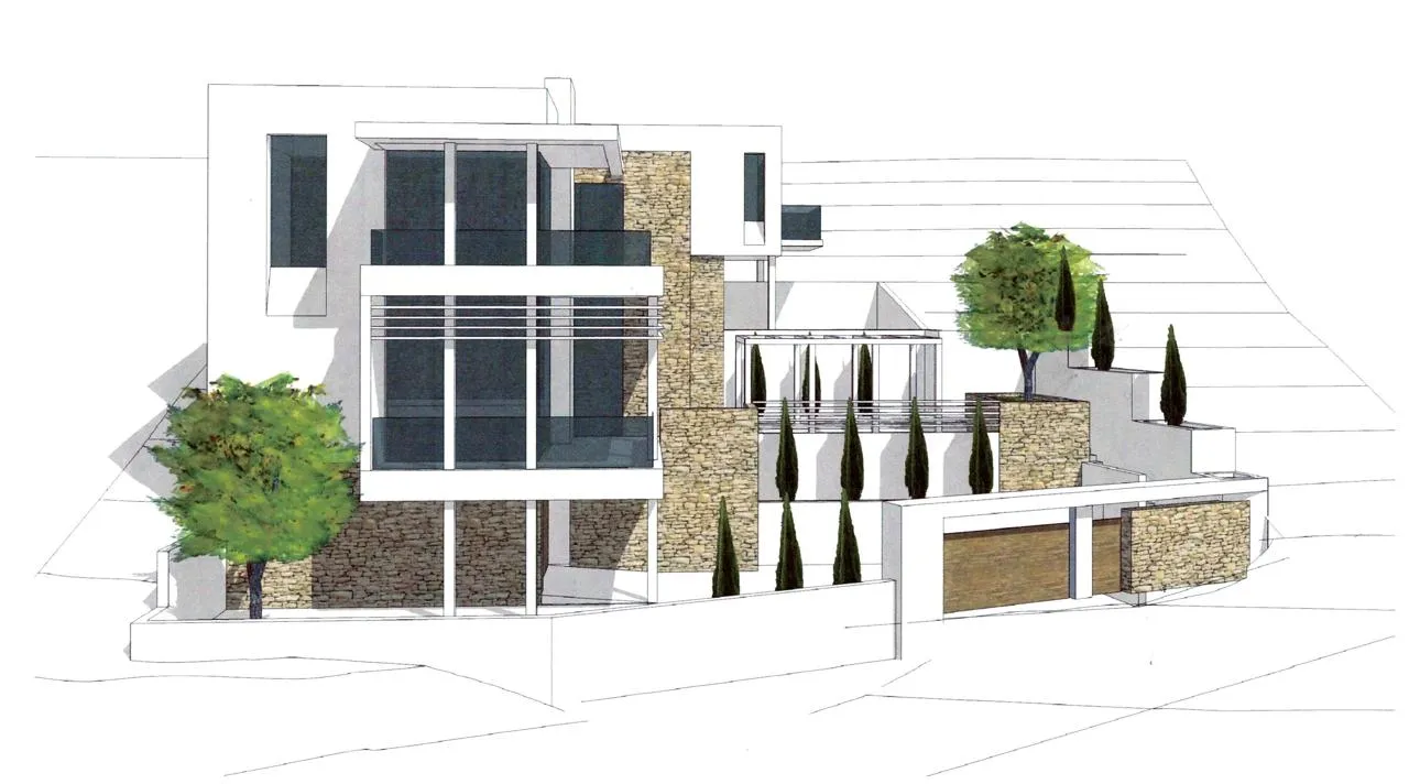 Architectural sketch of a modern two-story house with stone facade, balconies, and trees on a slope.