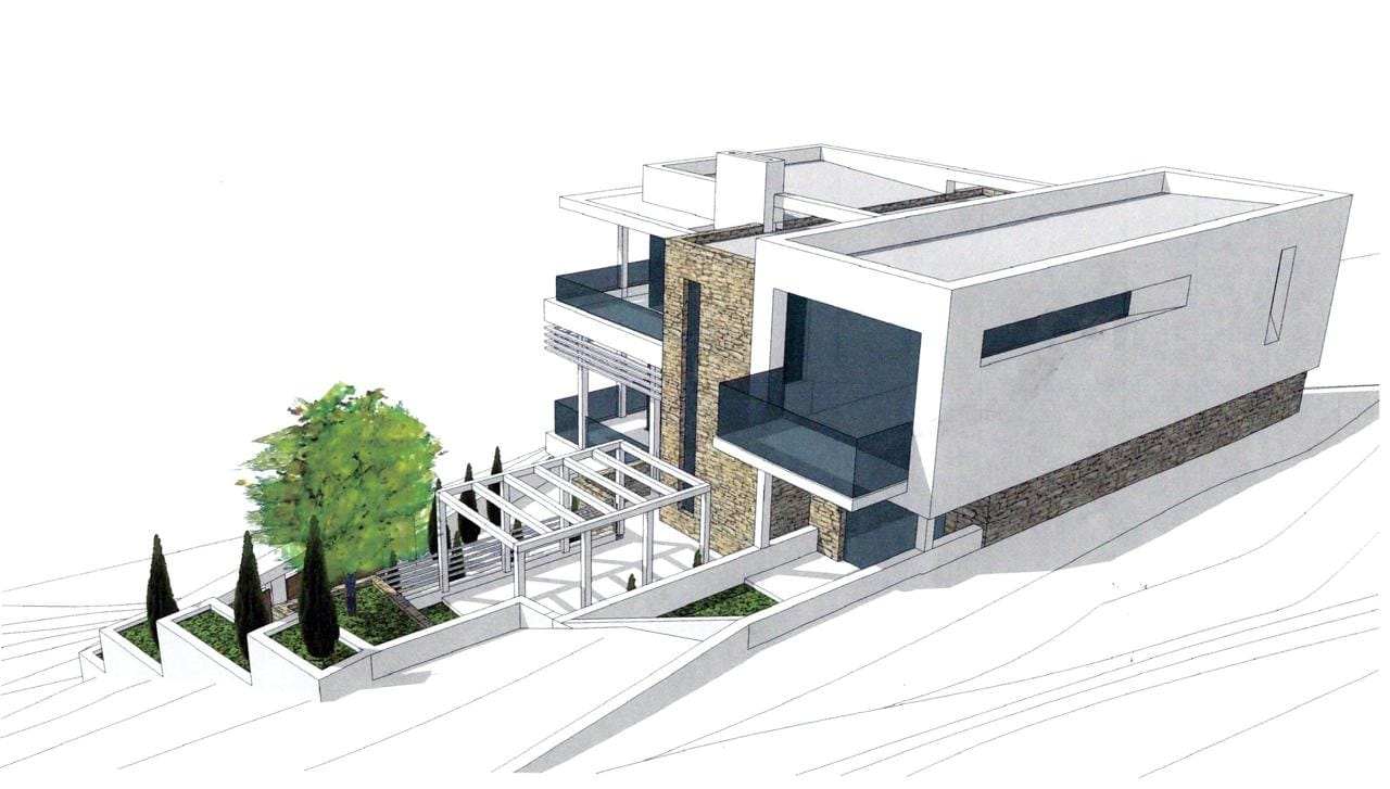 3D visualization of a modern villa with stone cladding and a terrace in Morinj, Montenegro: house project on a plot.