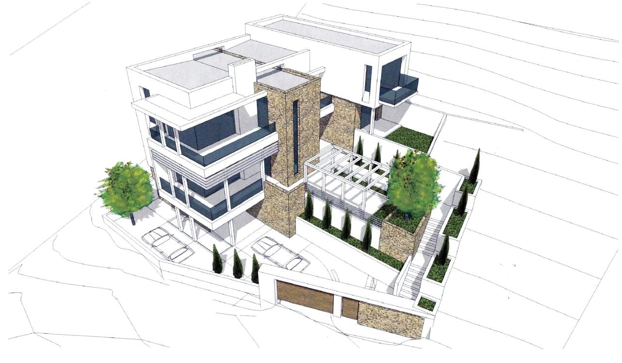 3D visualization of a modern villa with stone cladding and a terrace on a plot of land in Morinj, Montenegro.