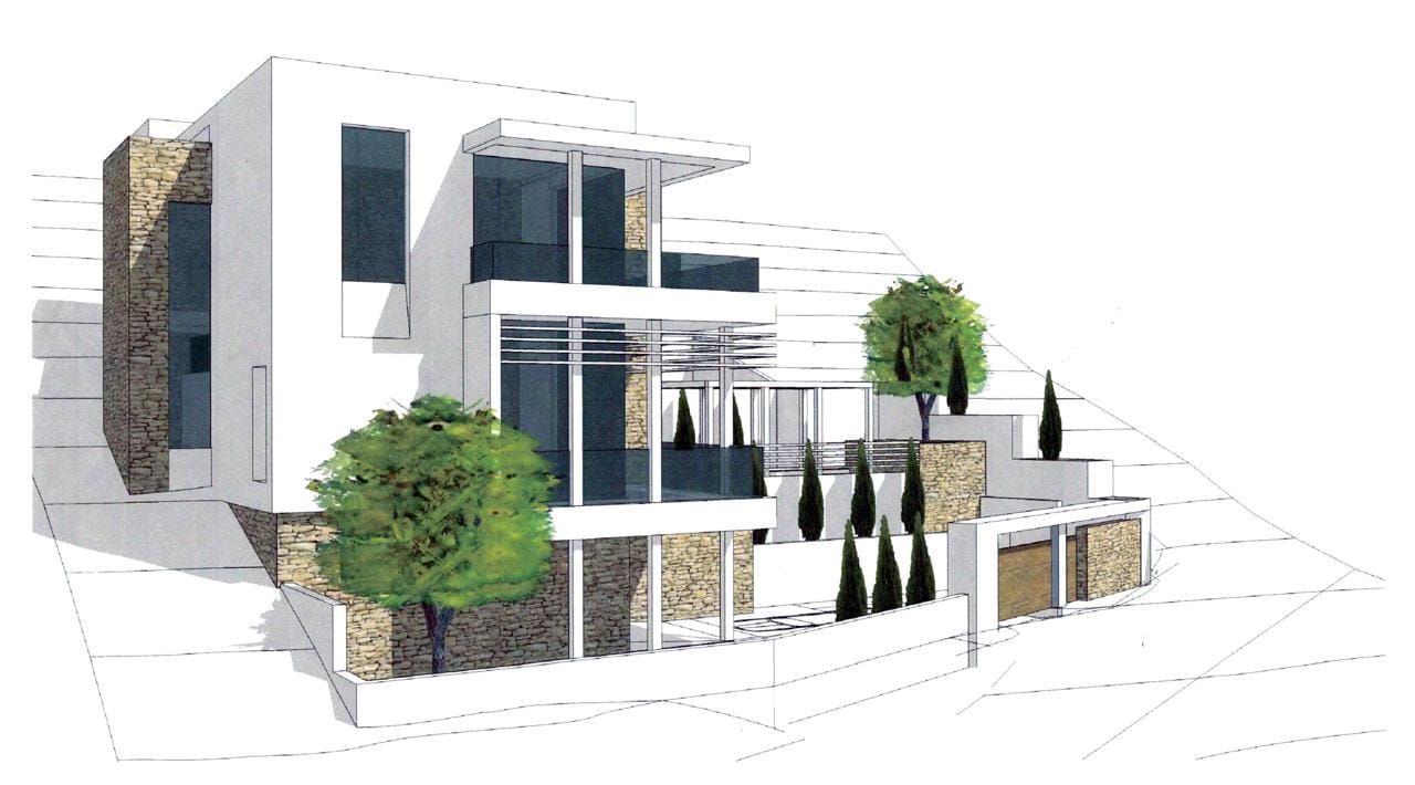 Project of a modern villa with stone cladding and panoramic windows on a plot in Morinj, Montenegro.