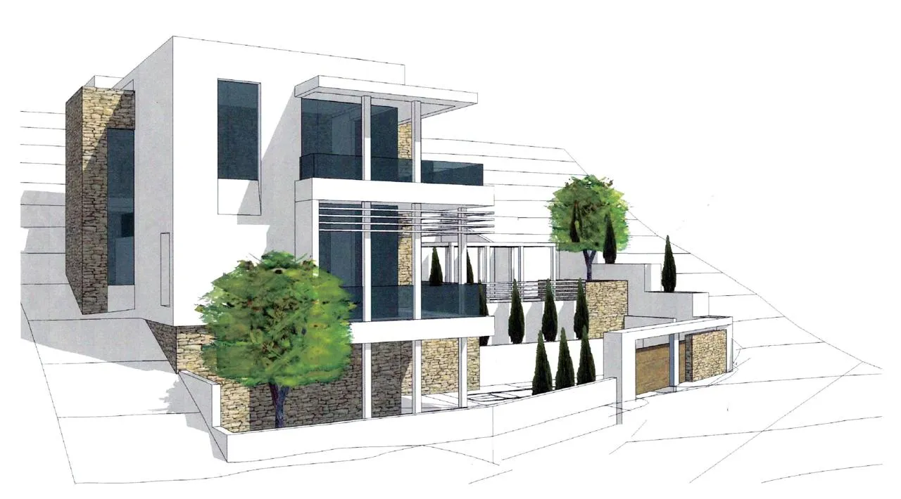 Architectural sketch of a modern multi-story house with white walls, stone masonry, and glass balconies.