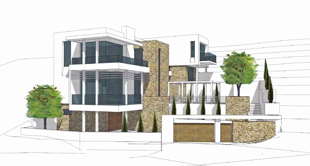 Project of a modern villa with stone cladding and panoramic windows in the village of Morinj, Montenegro.