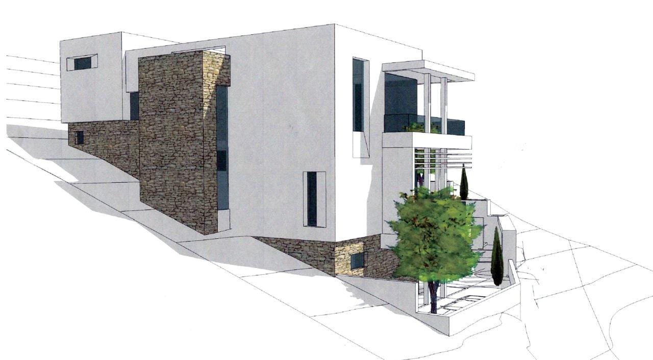 Modern villa project in Morinj, Montenegro: stone-clad facade, panoramic windows, and terraces on the plot.