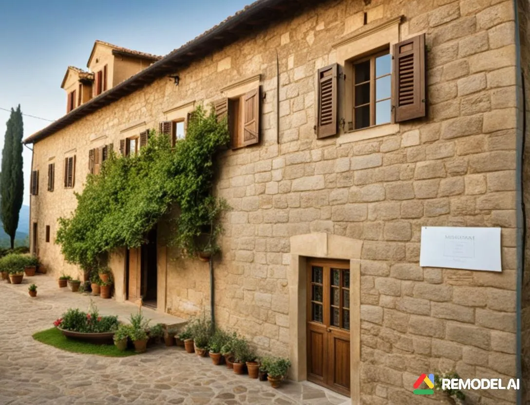 A rustic stone house featuring wooden shutters and climbing vines on the facade. The courtyard is paved with cobblestones, lined with potted plants along the wall.