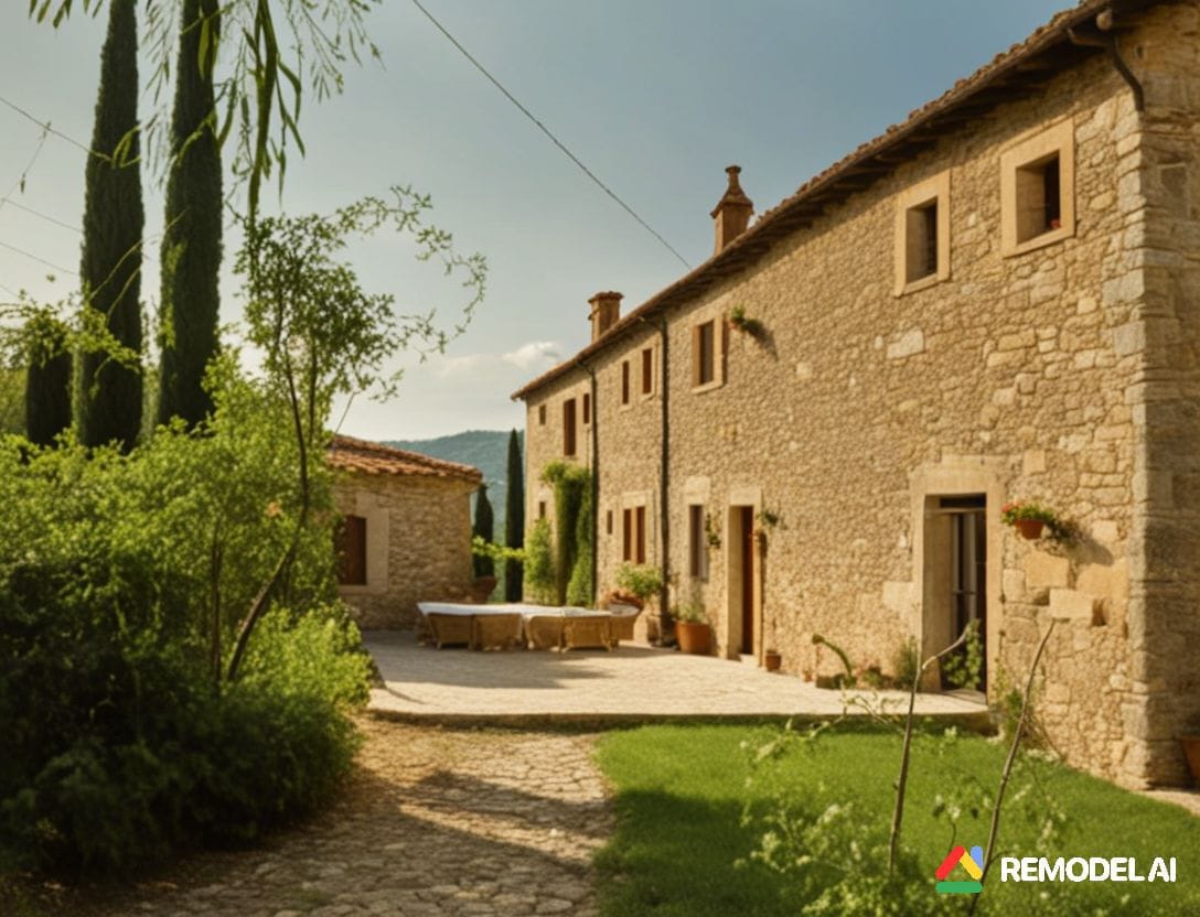 Stone villa in Kostanica, Montenegro: natural stone facade, terrace with furniture, and a green garden by the house.