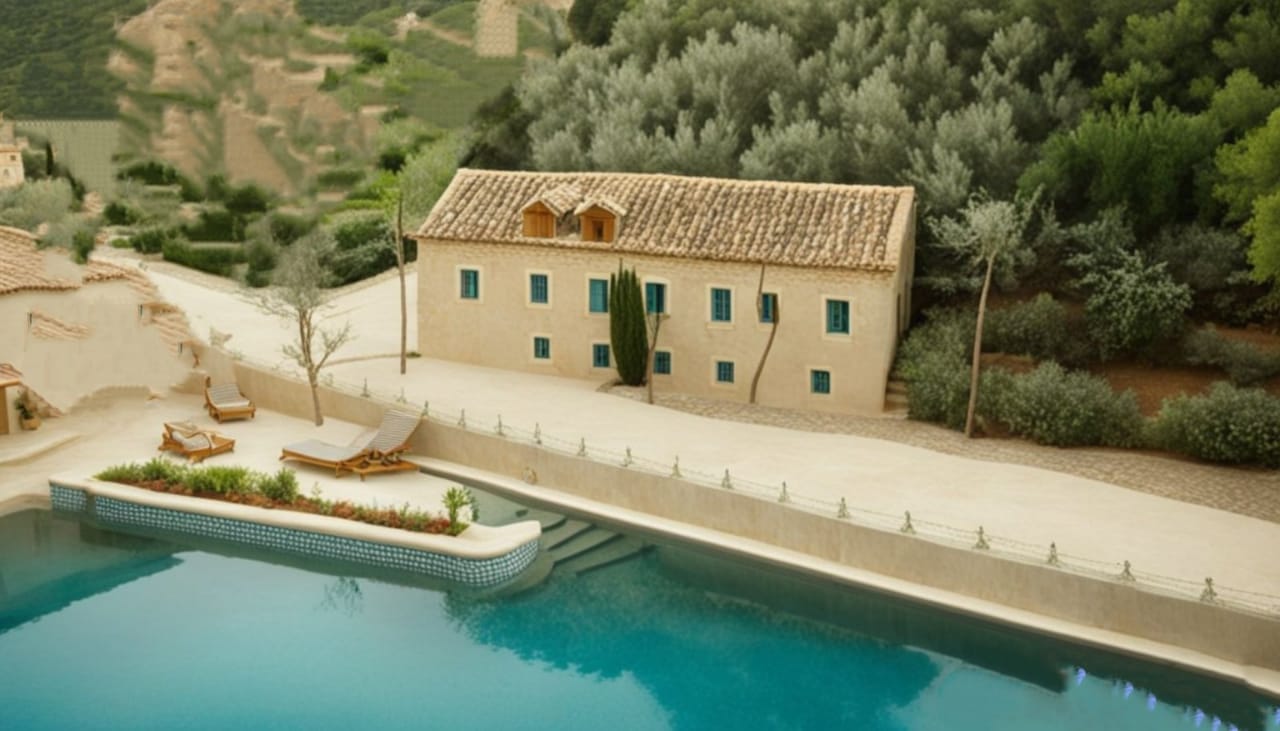 Stone villa with a pool and terrace in Kostanica, Montenegro: exterior view of a Mediterranean-style house.