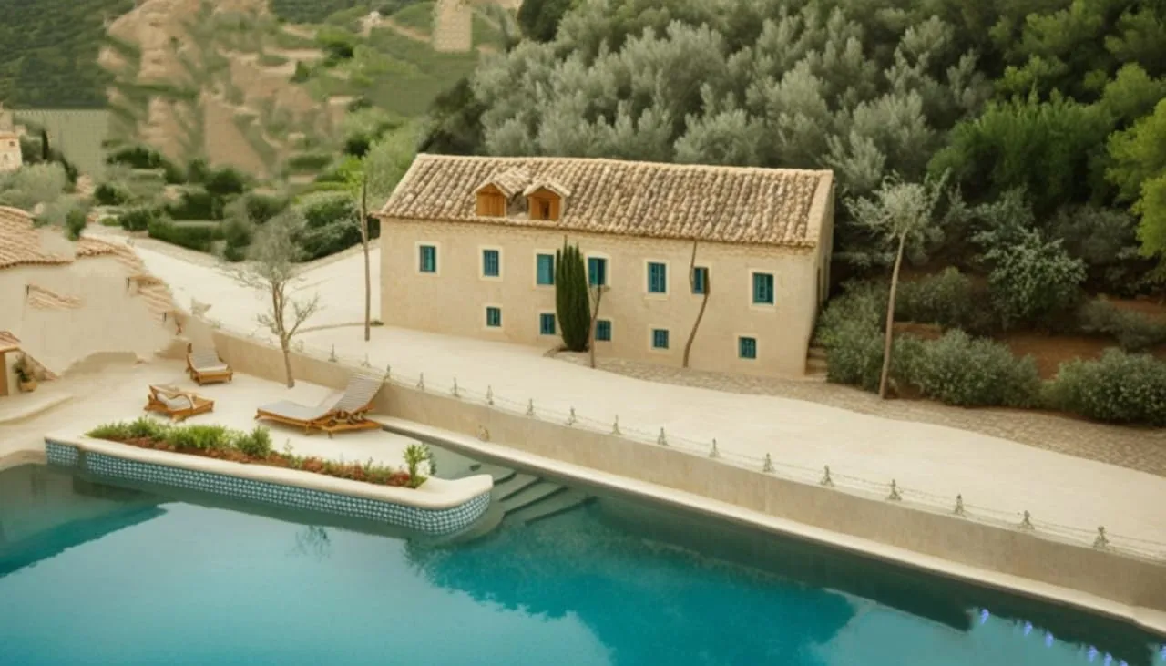 View of a large turquoise pool with wooden sunbeds next to a stone house on a hillside.