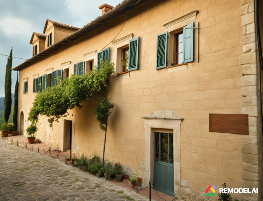 Stone house in Mediterranean style with green shutters in Kostanica, Montenegro: view of the facade and paved courtyard.