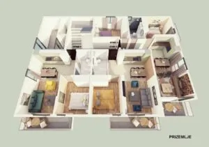 3D floor plan of an apartment viewed from above, showing layout of rooms including bedroom, living room, kitchen and bathroom.