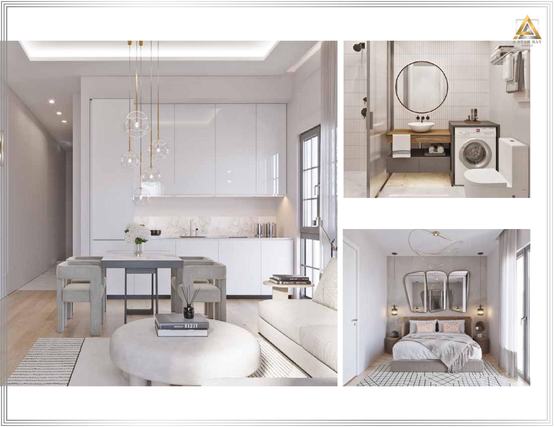 Interior of a modern apartment in Prčanj, Montenegro: a bright kitchen-living room, bedroom, and stylish bathroom.