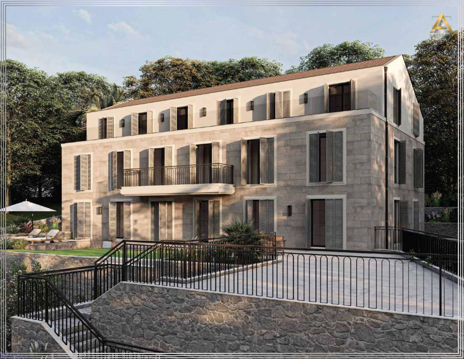 Three-story Mediterranean-style villa with a stone facade and terrace in Prčanj, Montenegro.