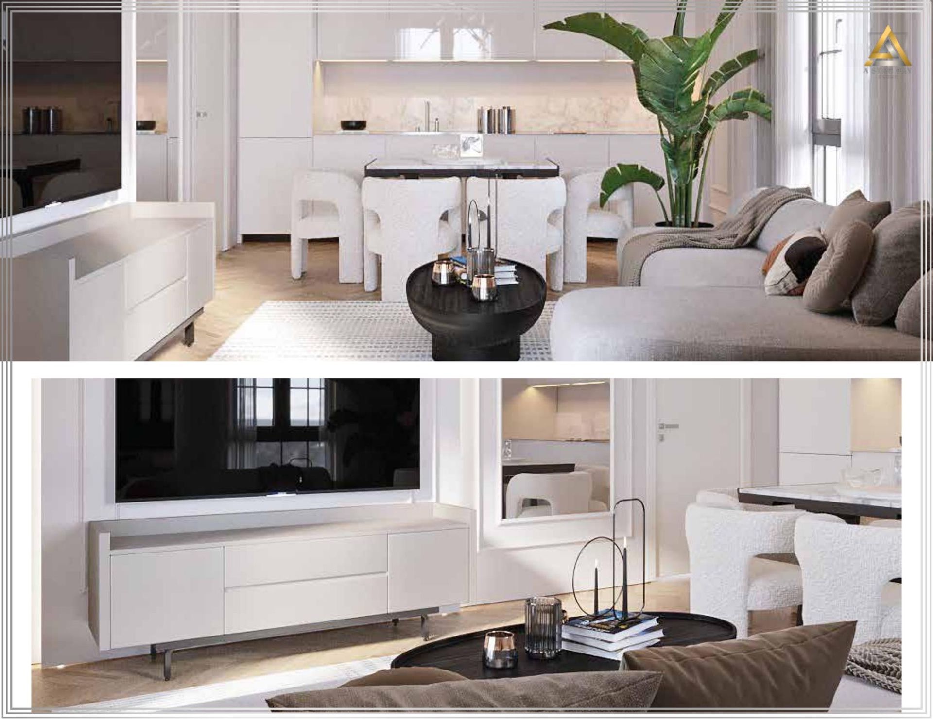 Modern living room with kitchen in an apartment, Prčanj, Montenegro: bright interior, soft furniture, and stylish decor.