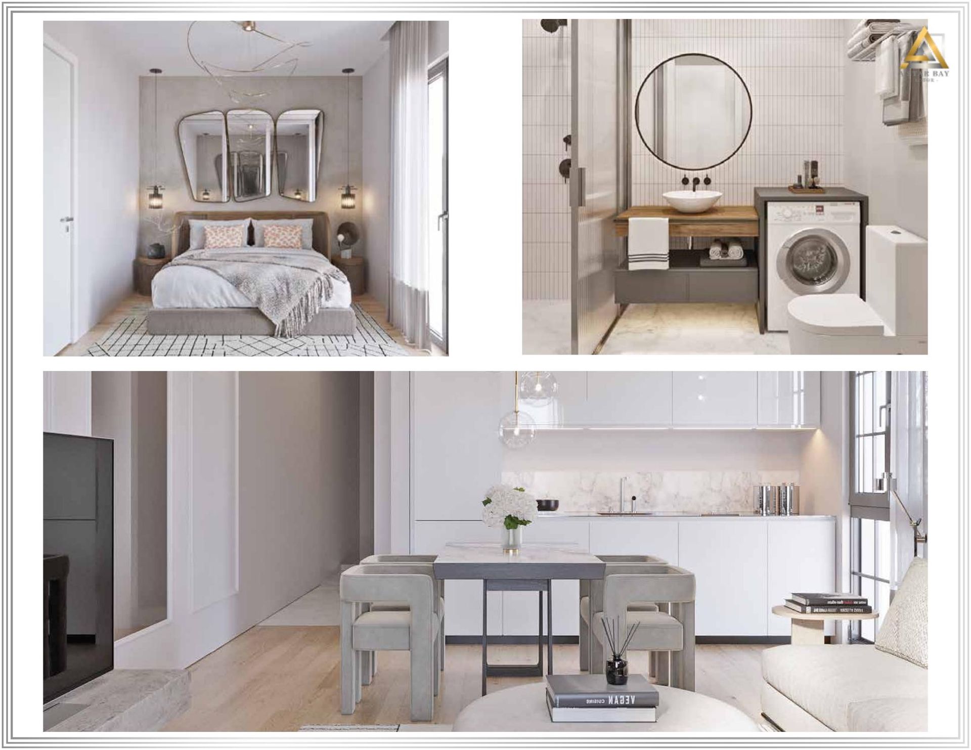 Interior of a modern apartment in Prčanj, Montenegro: a stylish bedroom, bathroom, and bright kitchen-living room.