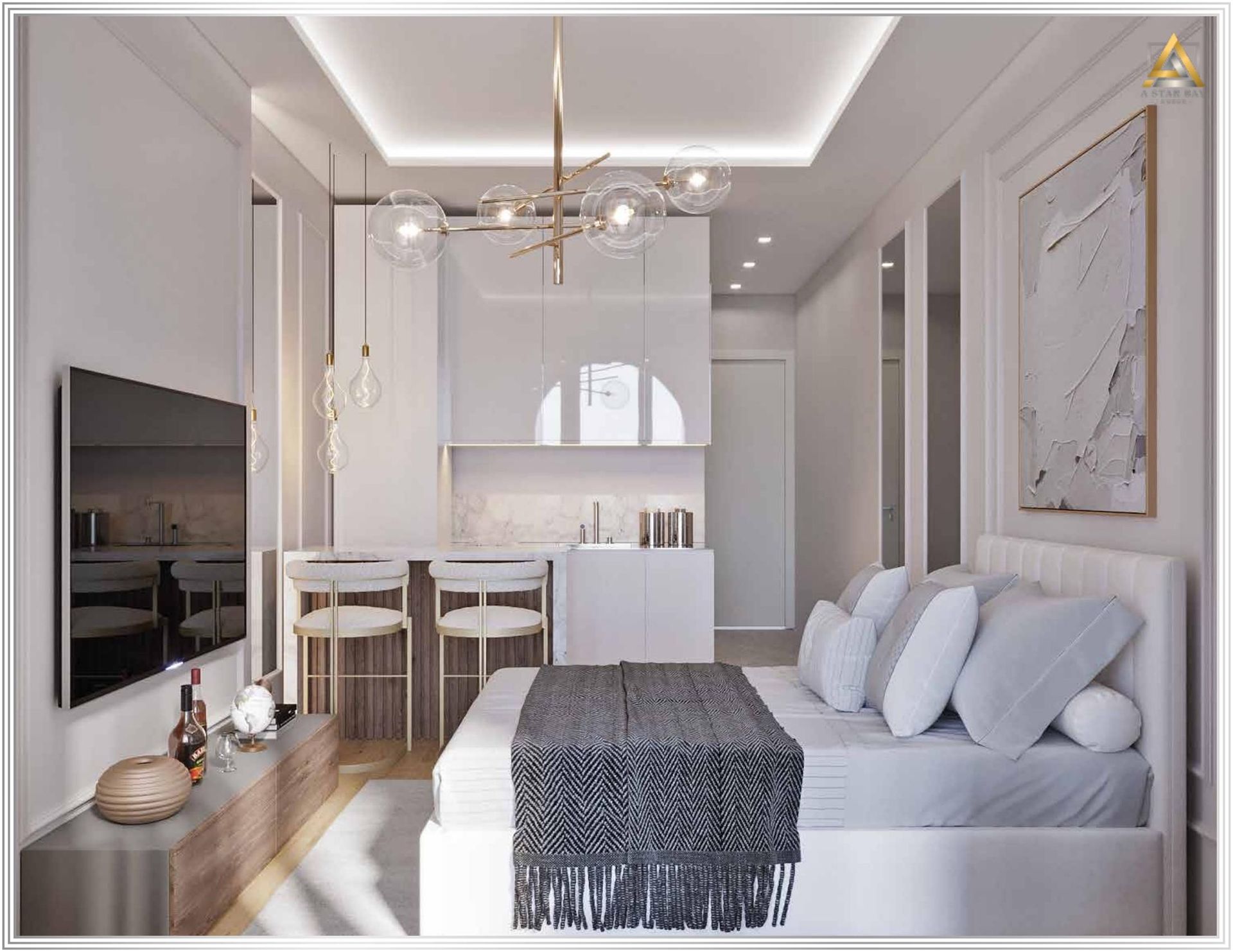 Modern bedroom with kitchen in an apartment, Prčanj, Montenegro: stylish interior, double bed, and breakfast bar.