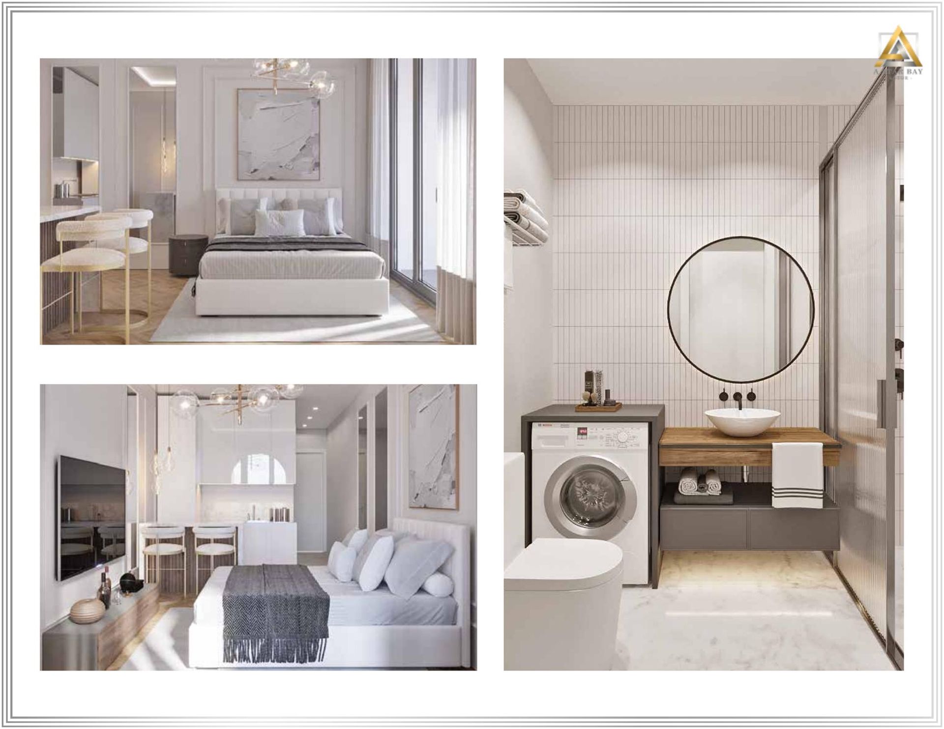 Interior design of the bedroom and bathroom in an apartment, Prčanj, Montenegro: modern furniture, light finishes.