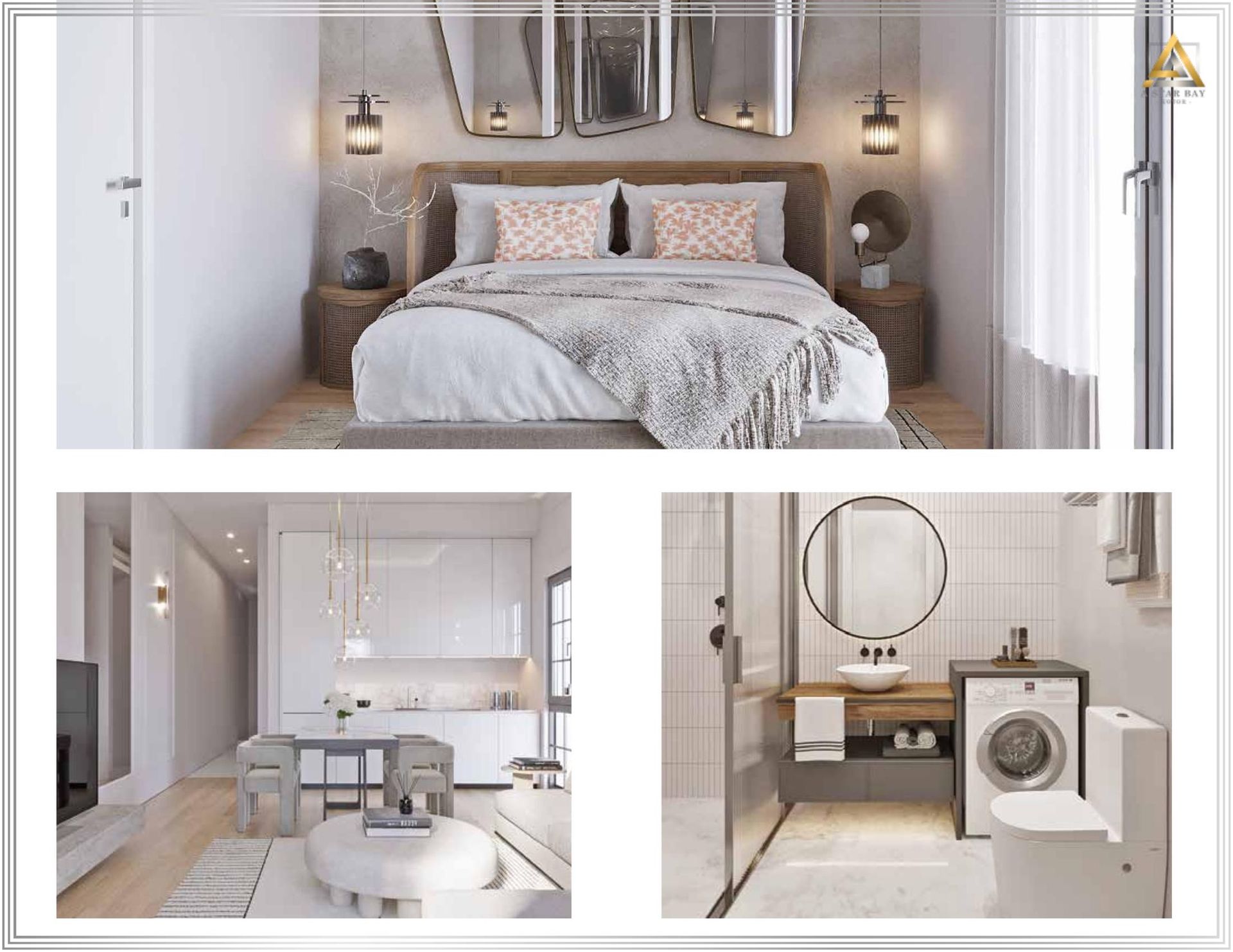 Interior of a modern apartment in Prčanj, Montenegro: bedroom, kitchen-living room, and bathroom with designer finishes.
