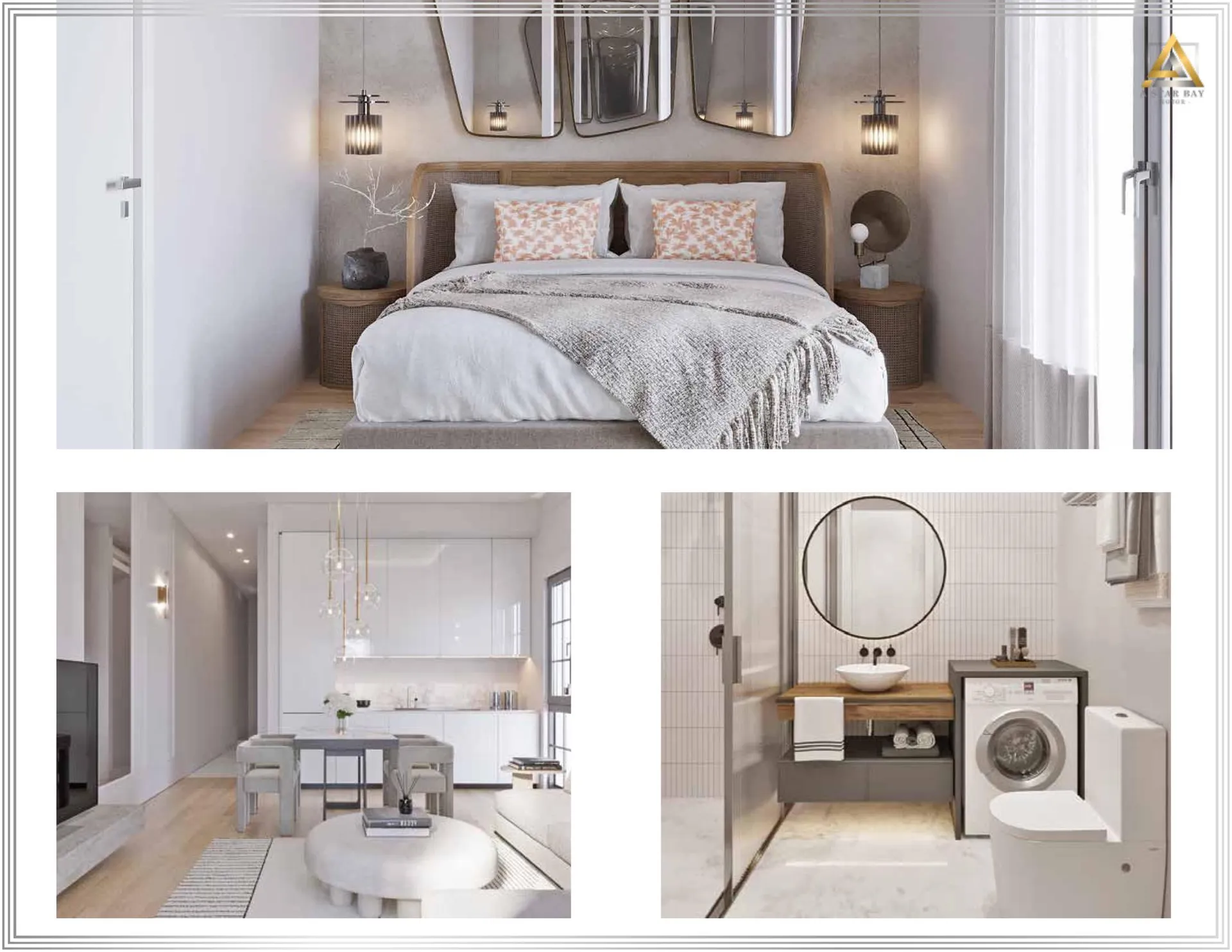 Interior collage showing a bedroom with wooden bed, bright kitchen-living area, and modern bathroom featuring a washing machine and round mirror.