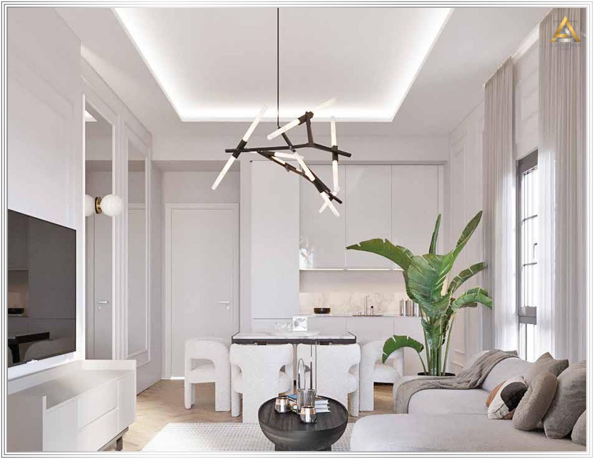 Modern living room with white furniture and a designer chandelier in an apartment in Prčanj, Montenegro.