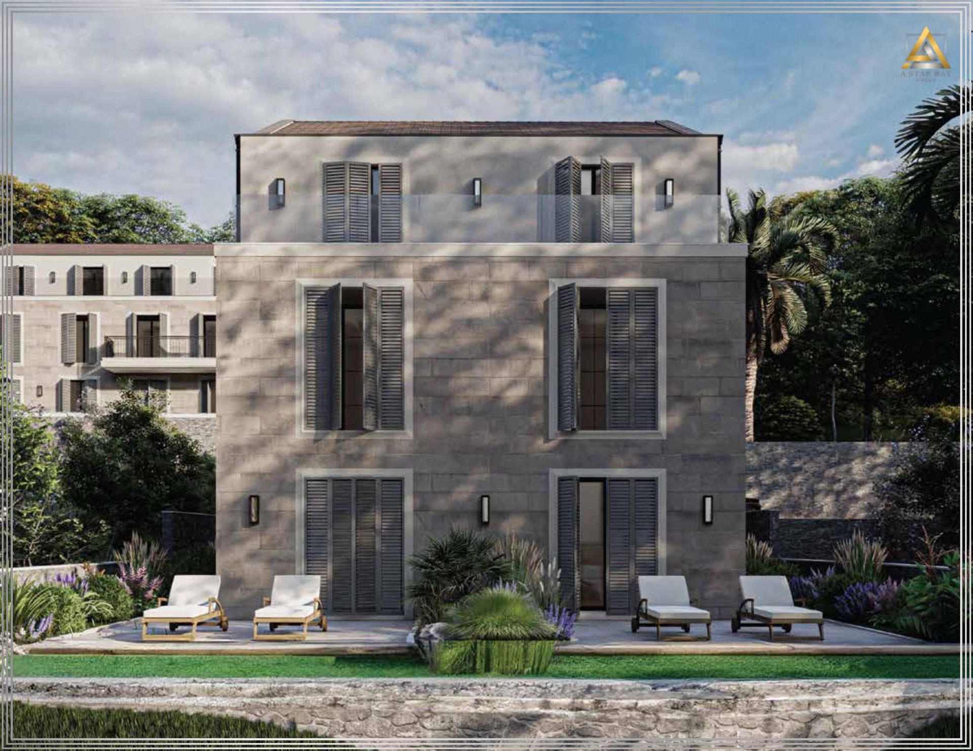 Three-story villa in Prčanj, Montenegro: stone facade, terrace with sun loungers, panoramic windows, and a green garden.