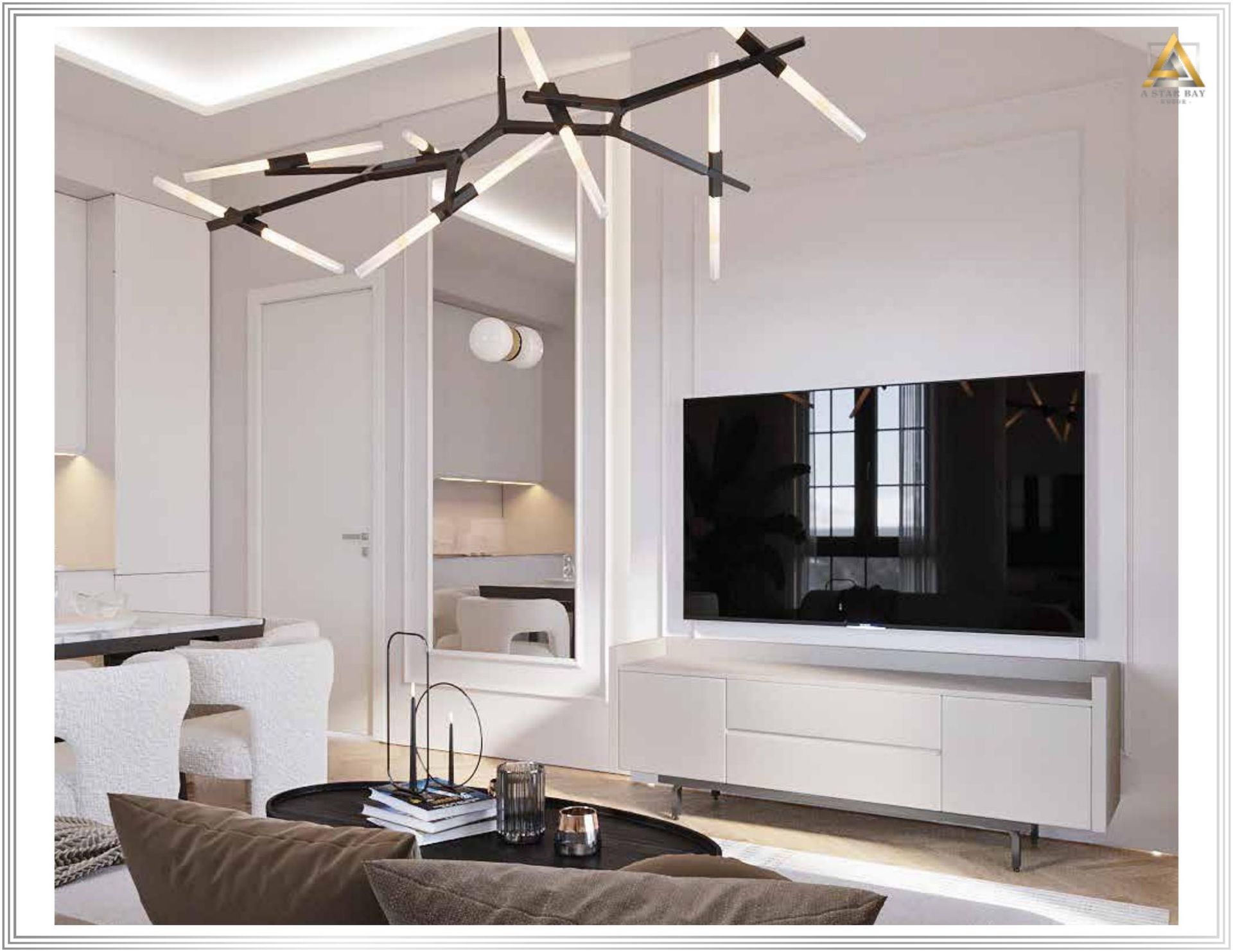 Modern living room in an apartment in Prčanj, Montenegro: designer chandelier, white furniture, and a TV area in light tones.