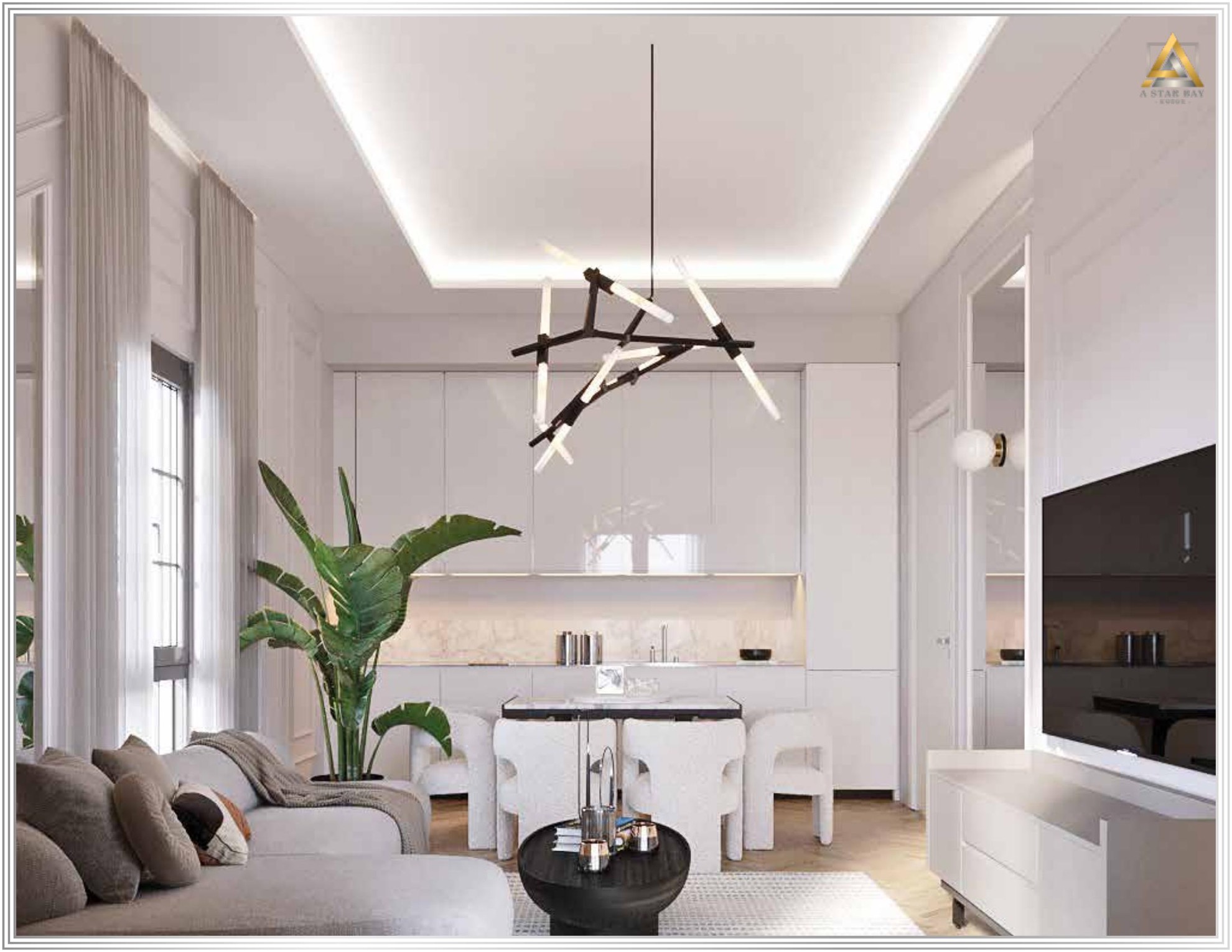Modern living room with kitchen in an apartment in Prčanj, Montenegro: designer chandelier, light furniture, and a live plant.