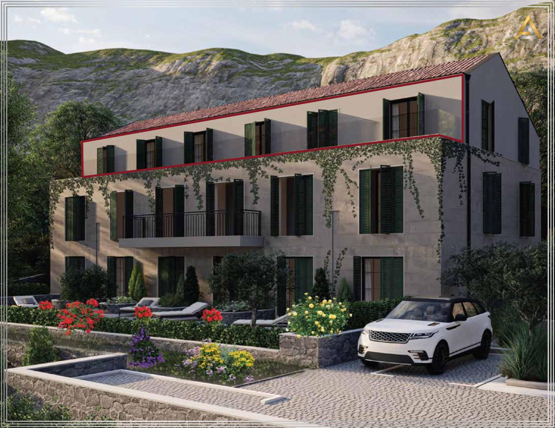 Three-story Mediterranean-style house with a terrace and garden in Prčanj, Montenegro, front view and parking area.