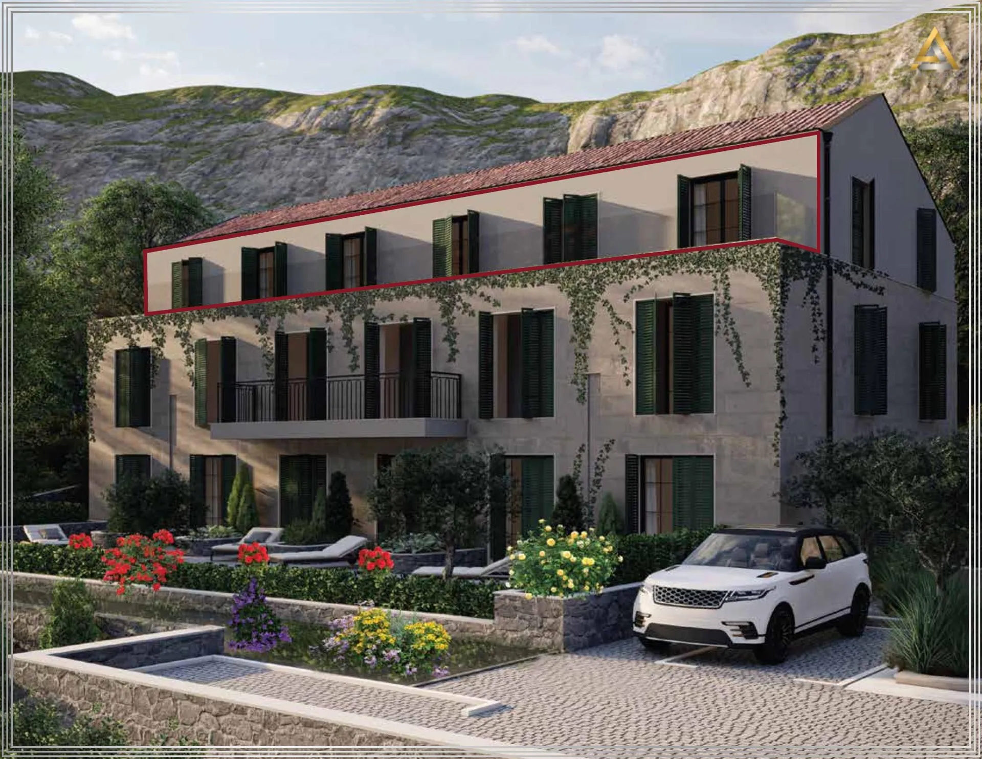 Exterior view of a two-story house with green shutters and red tiled roof against a rocky hill backdrop.