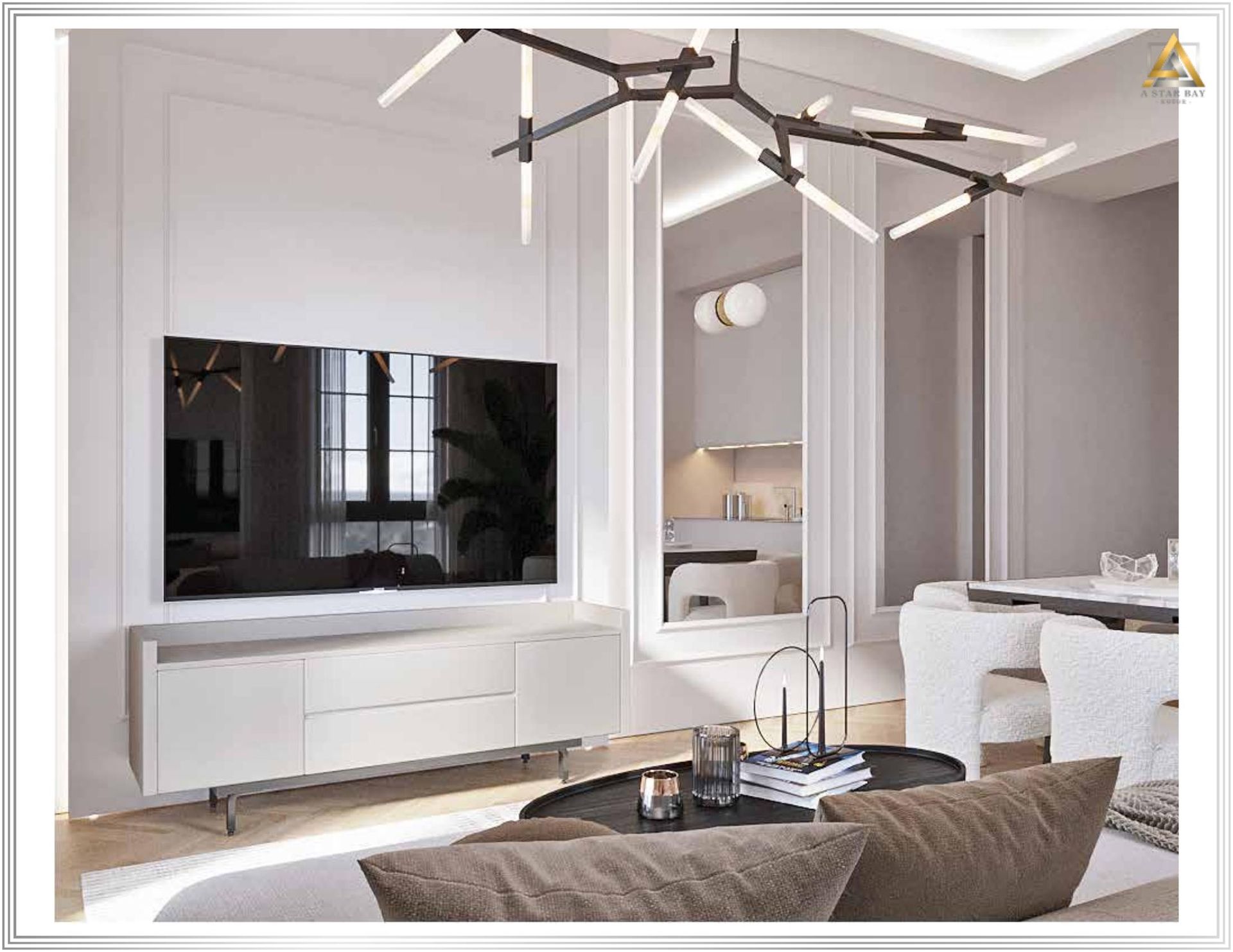 Modern living room in an apartment in Prčanj, Montenegro: stylish furniture, designer chandelier, and TV area in light tones.