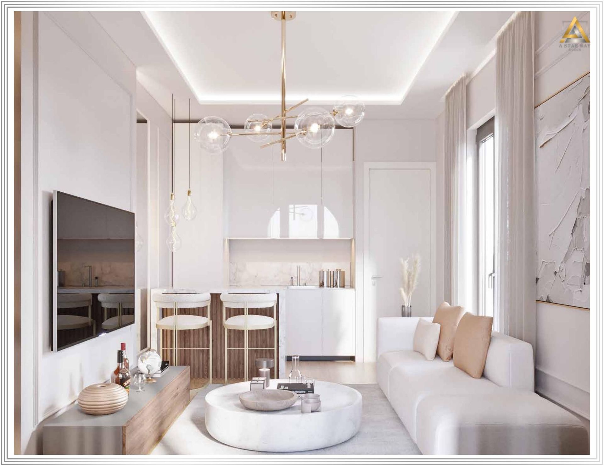 Modern living room with kitchen in an apartment, Prčanj, Montenegro: bright interior, designer chandelier, and bar counter.