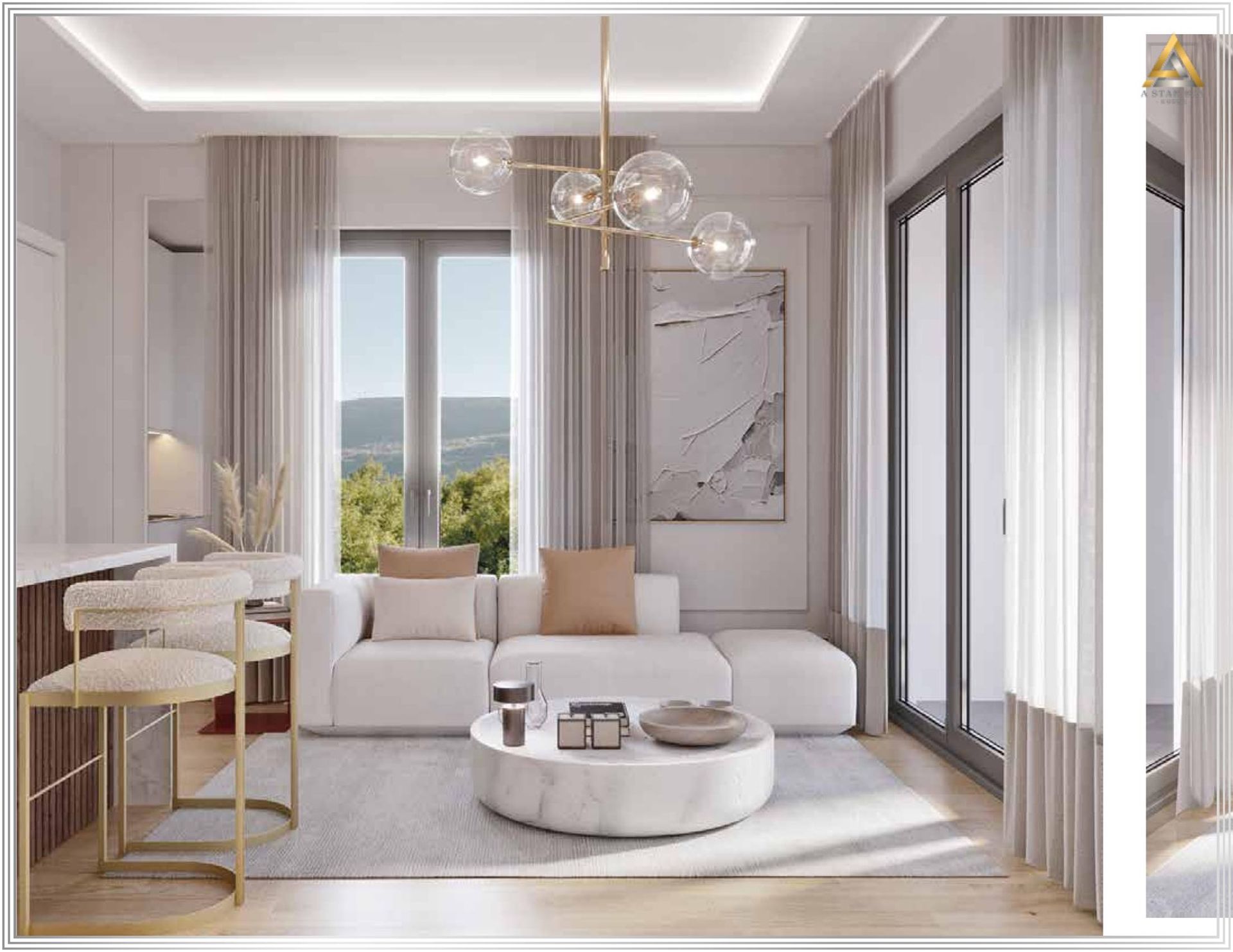 Modern living room in an apartment in Prčanj, Montenegro: a light sofa, marble coffee table, and mountain views from panoramic windows.