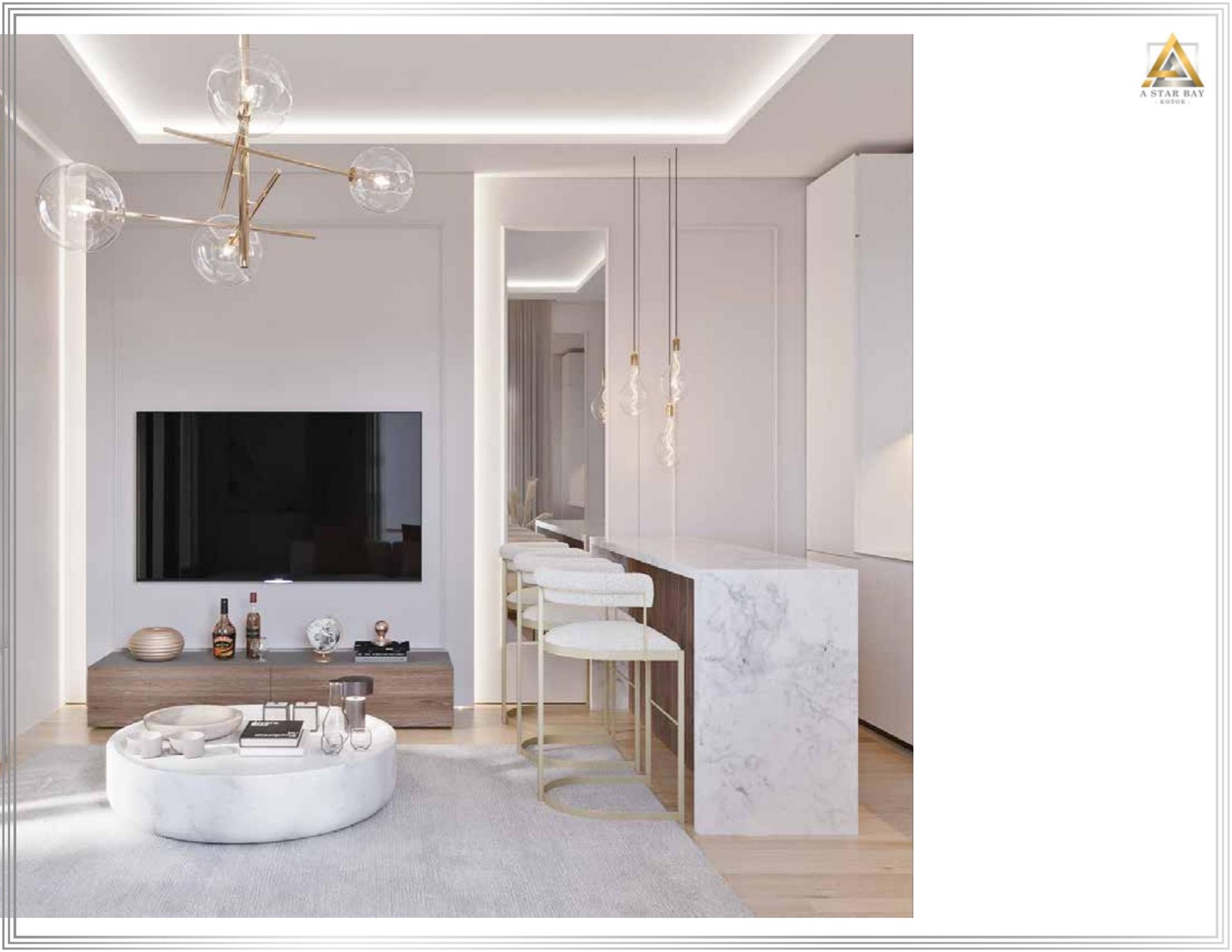 Modern living room with a marble bar counter and a designer chandelier in an apartment, Prčanj, Montenegro.