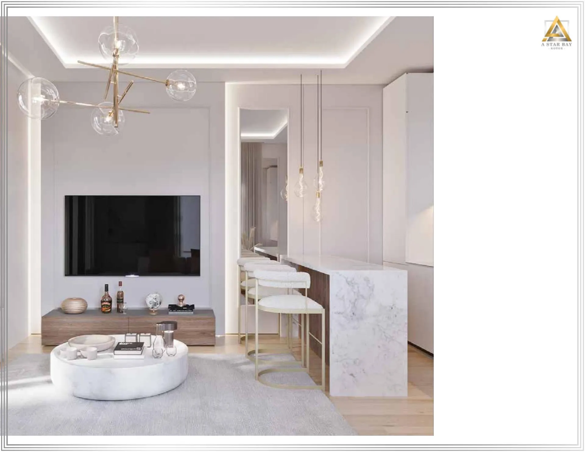 Modern living room featuring a round marble coffee table, marble bar counter with stools, and wall-mounted TV.