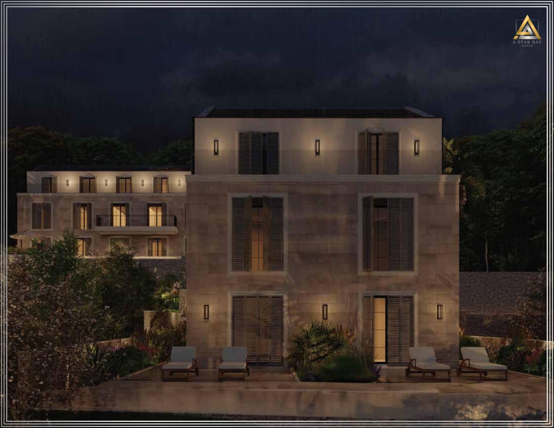Night exterior of a luxury residential complex in Prčanj, Montenegro: stone finishes, a terrace with sun loungers, and lighting.