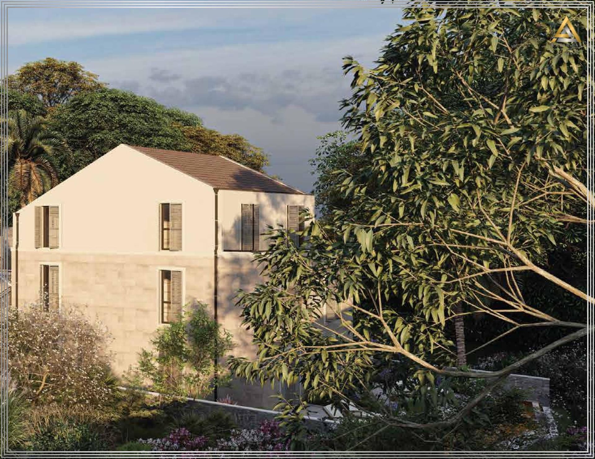 Modern Mediterranean-style villa with stone facade cladding surrounded by greenery, Prčanj, Montenegro.