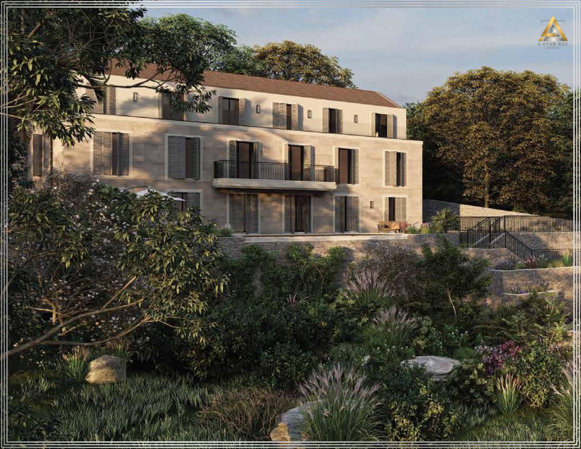 Facade of a modern stone villa with terraces and a garden in Prčanj, Montenegro — luxury seaside property.
