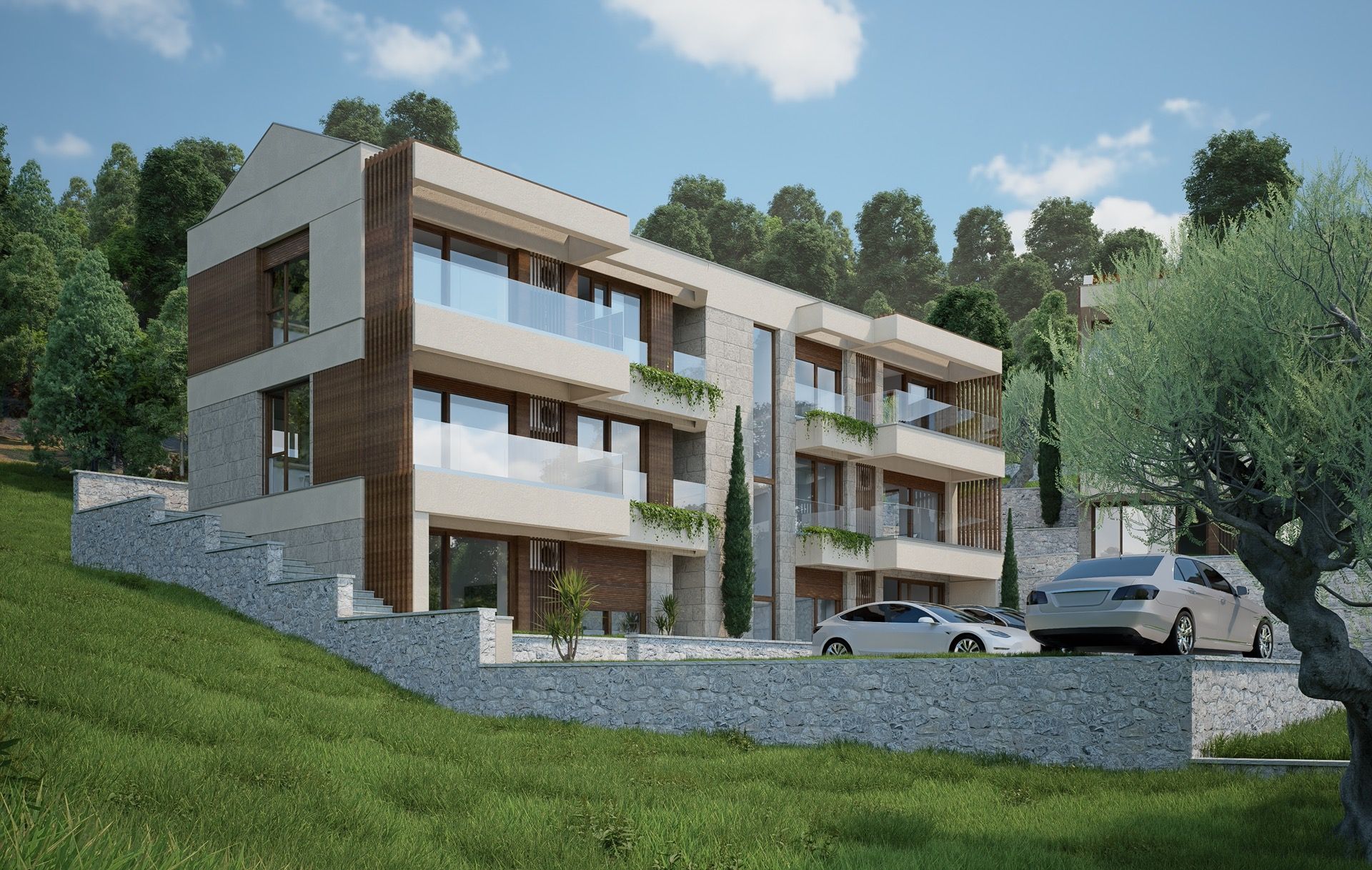 Modern residential complex in Blizikuće, Montenegro: a three-story building with terraces, panoramic glazing, and parking.