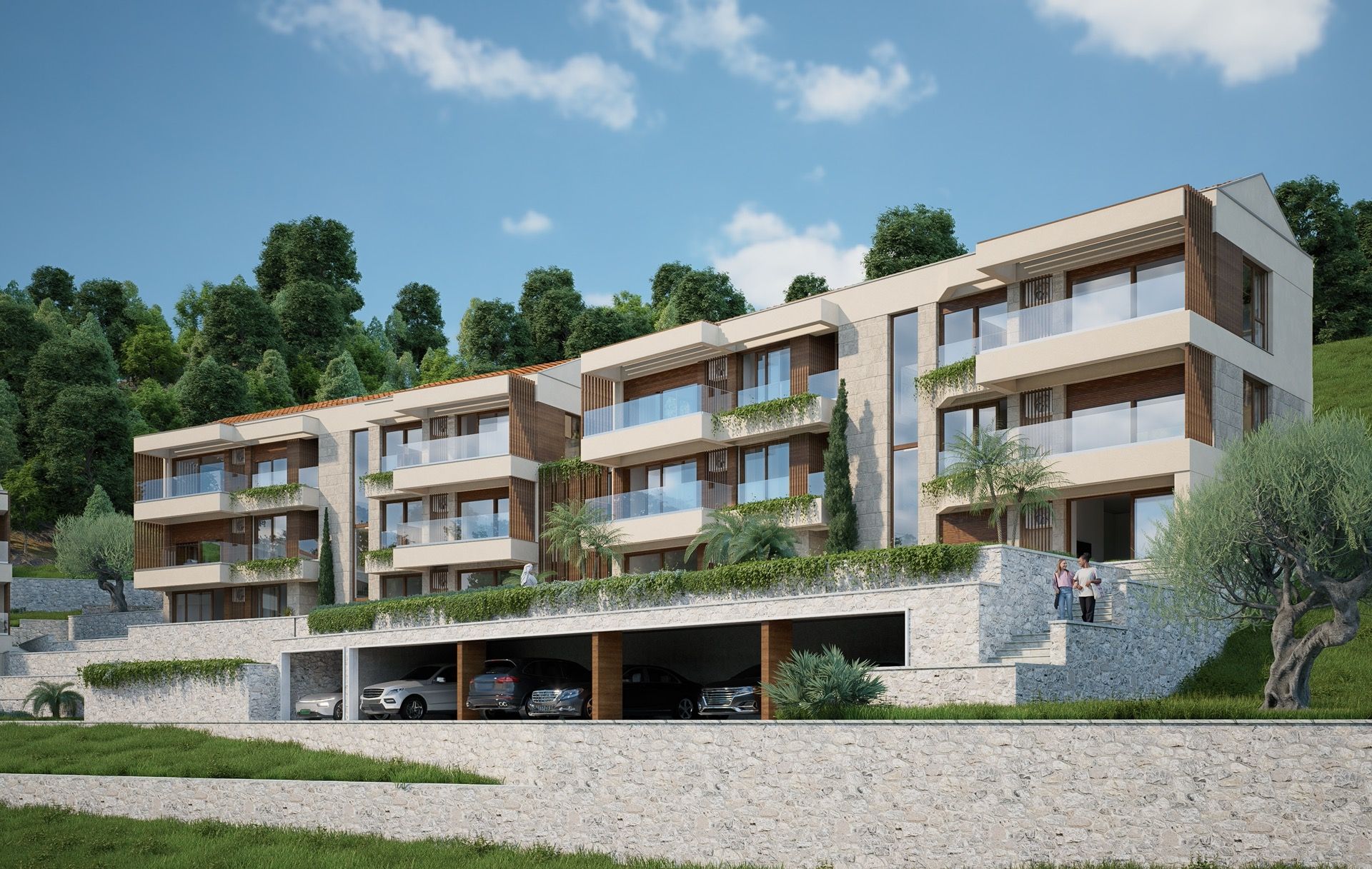 Modern residential complex in Blizikuće, Montenegro: a three-story building with terraces, panoramic windows, and parking.