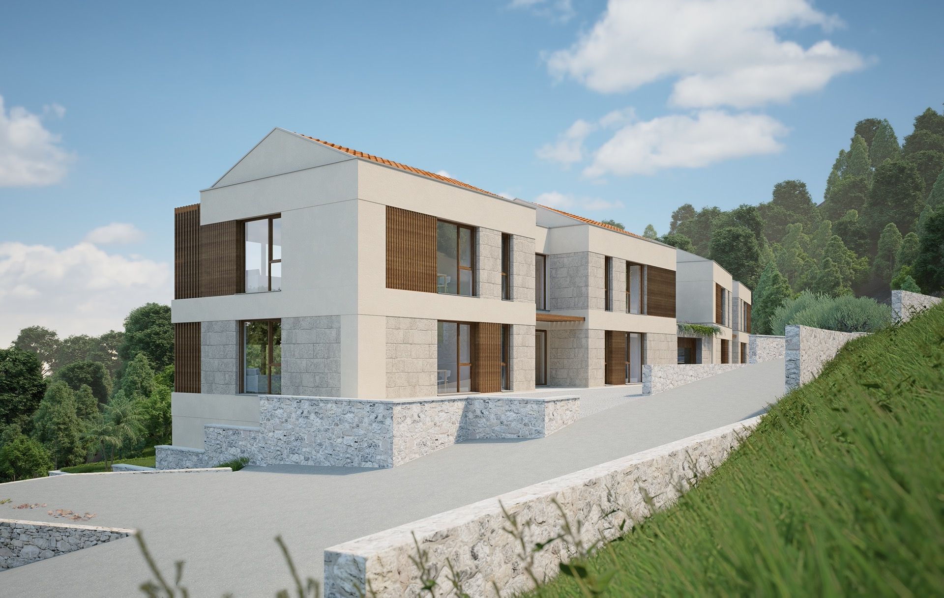 Modern residential complex in Blizikuće, Montenegro: facade with stone cladding and panoramic windows against a natural backdrop.