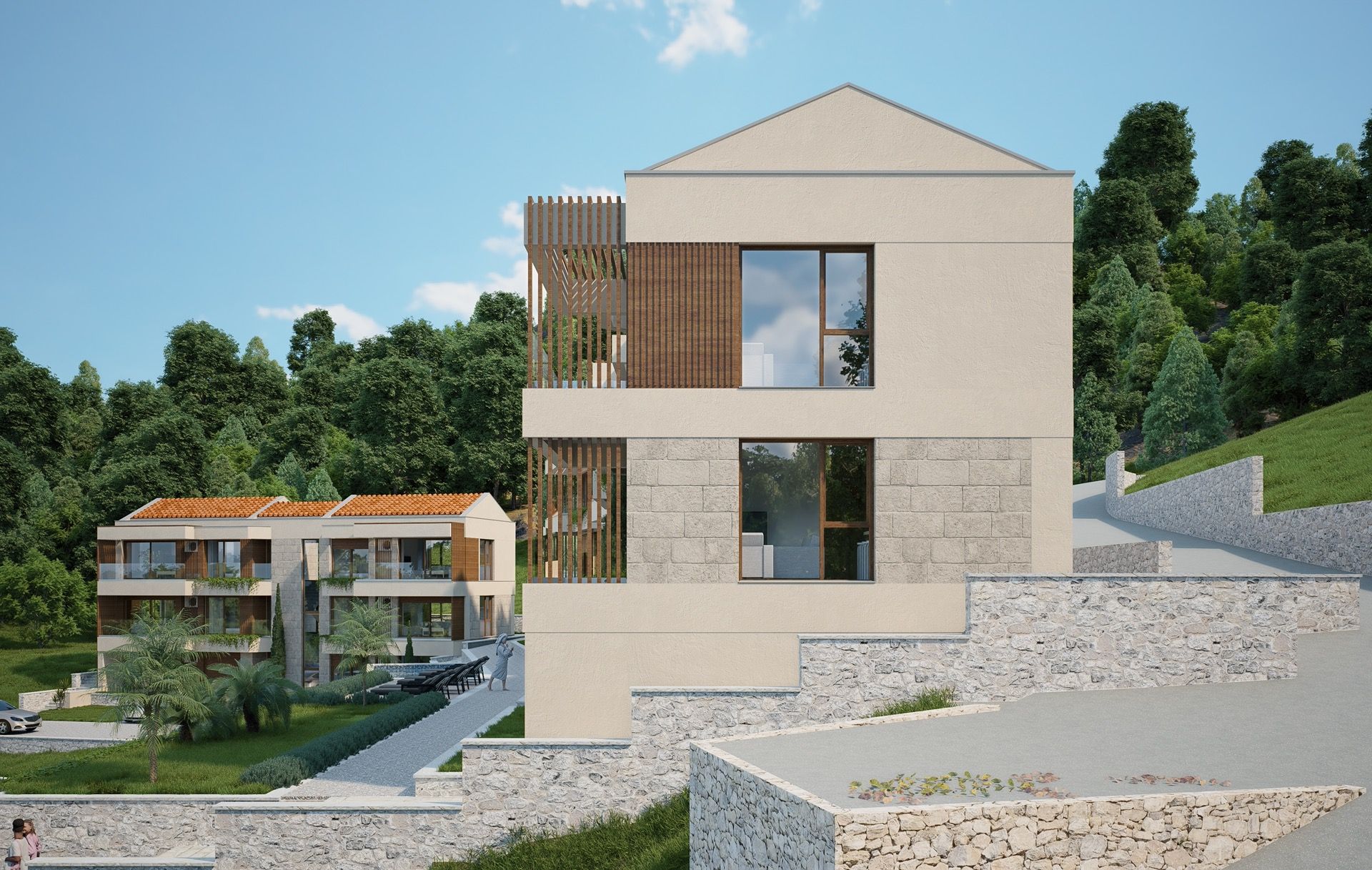 Modern villa in Blizikuće, Montenegro: stone-clad facade, panoramic windows, and terraces surrounded by nature.