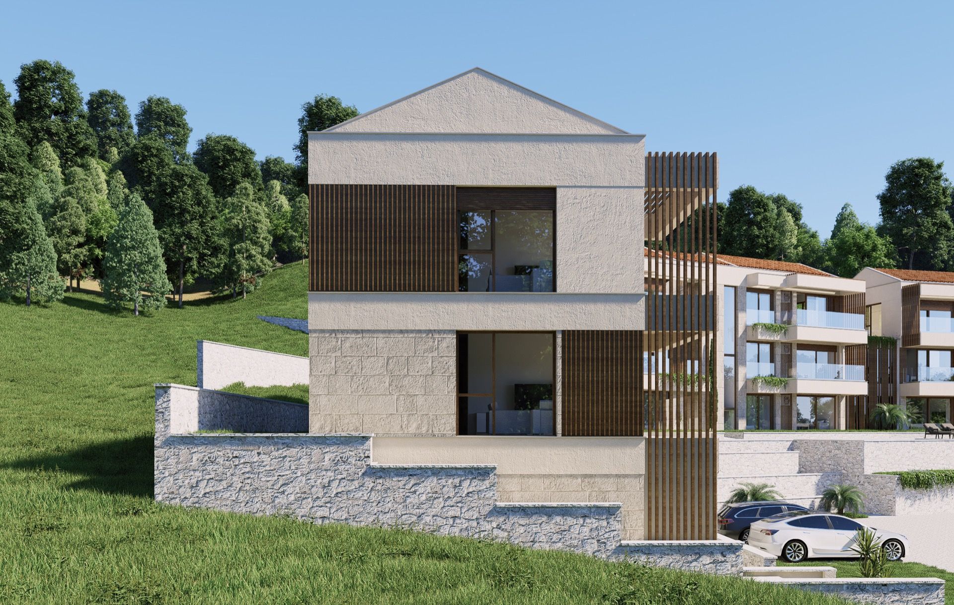 Modern villa with panoramic windows and stone cladding in Blizikuće, Montenegro, against a green hillside.