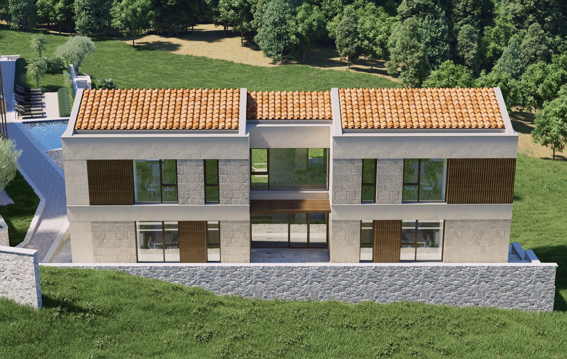 Modern villa with panoramic windows and a pool in Blizikuće, Montenegro: front view with a tiled roof.