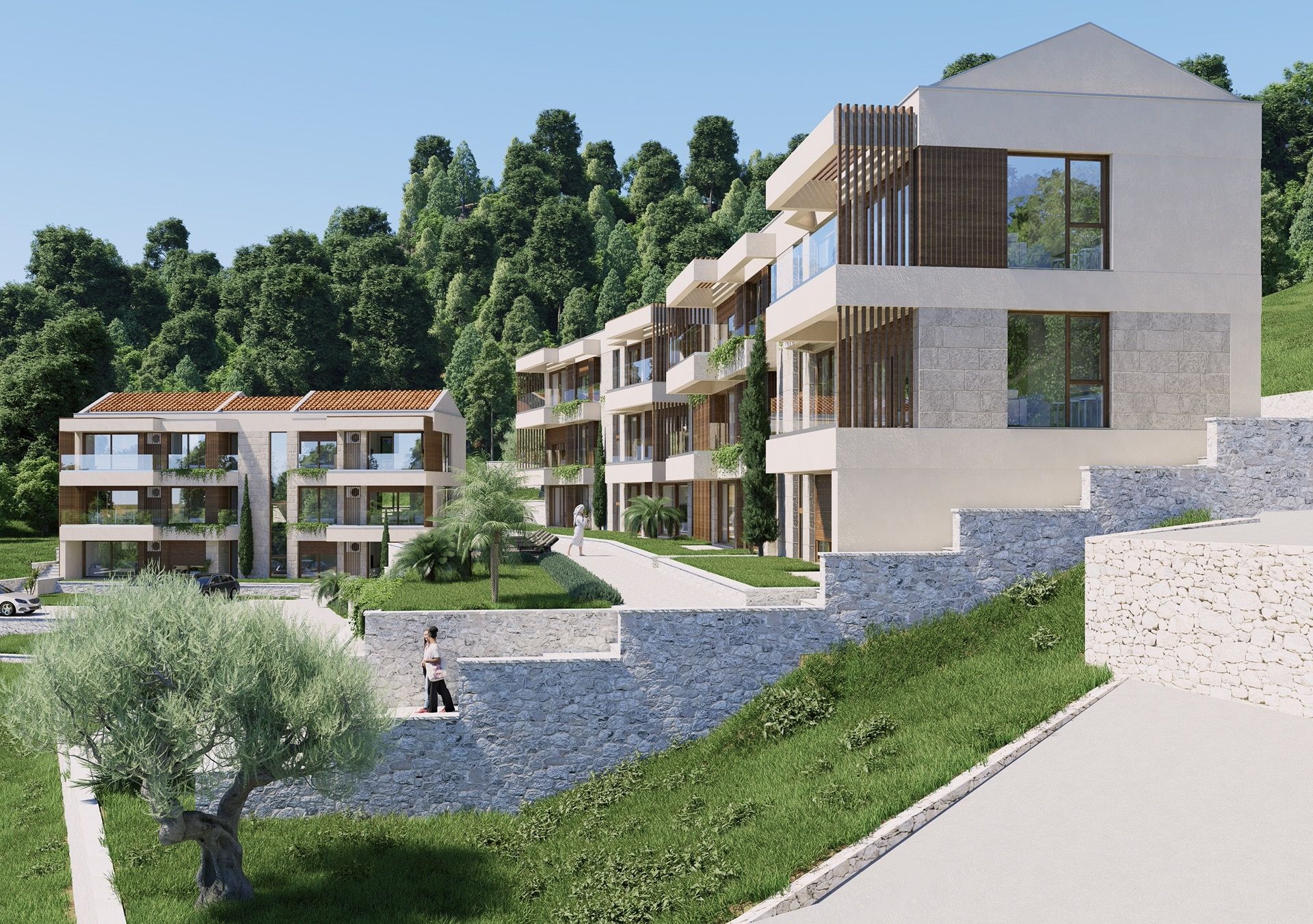 Modern residential complex in Blizikuće, Montenegro: stylish apartments with terraces, stone finishes, and a garden.