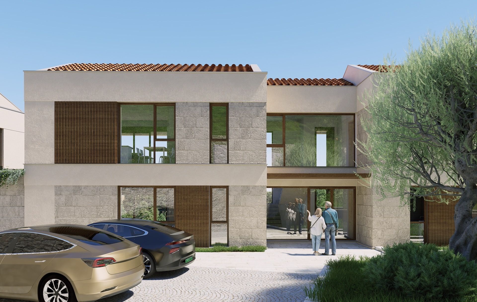 Modern villa in Blizikuće, Montenegro: stone facade, panoramic windows, tiled roof, and parking by the house.