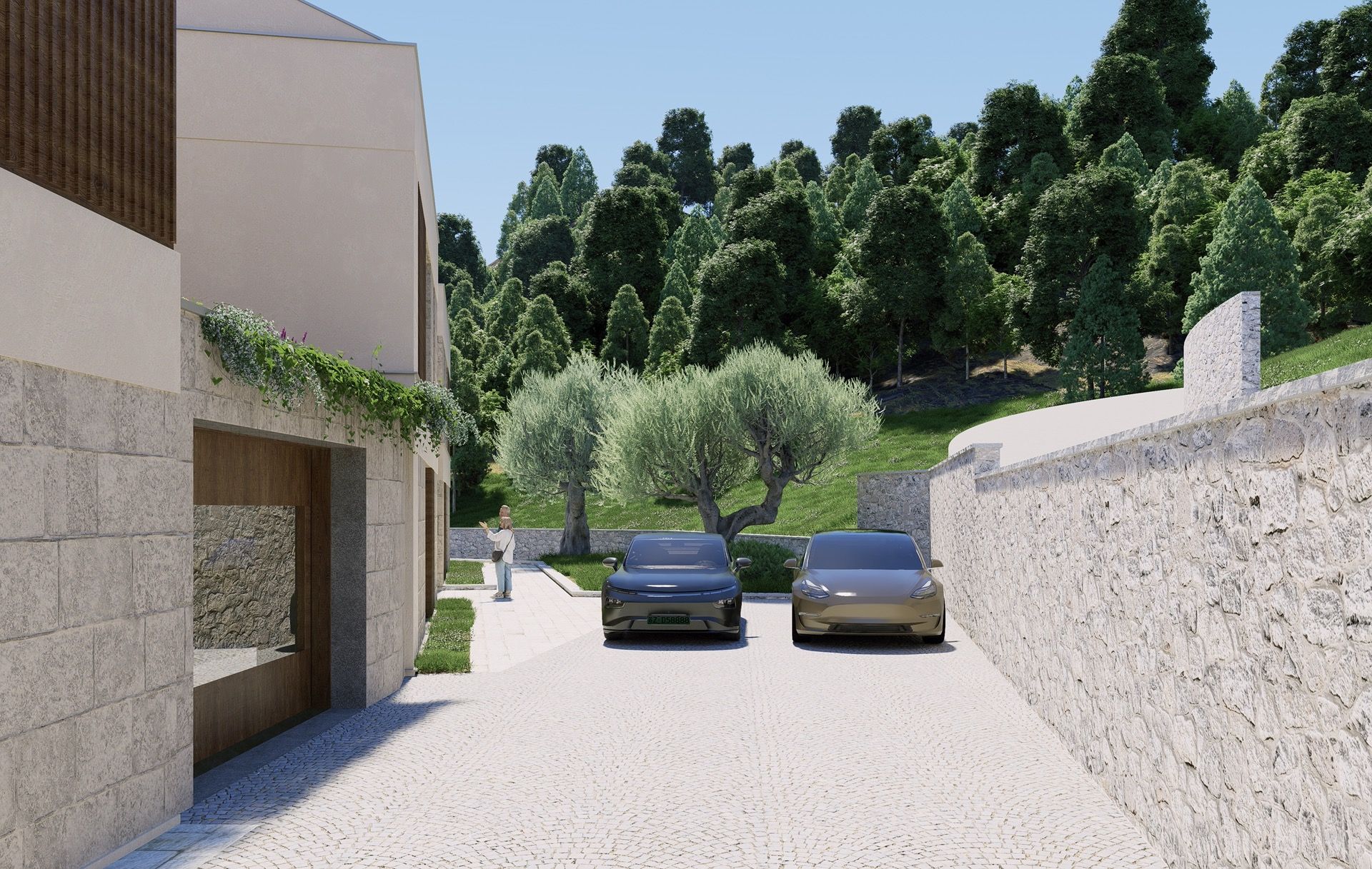 Modern villa in Blizikuće, Montenegro: stone facade, private parking, and views of a lush forested area.