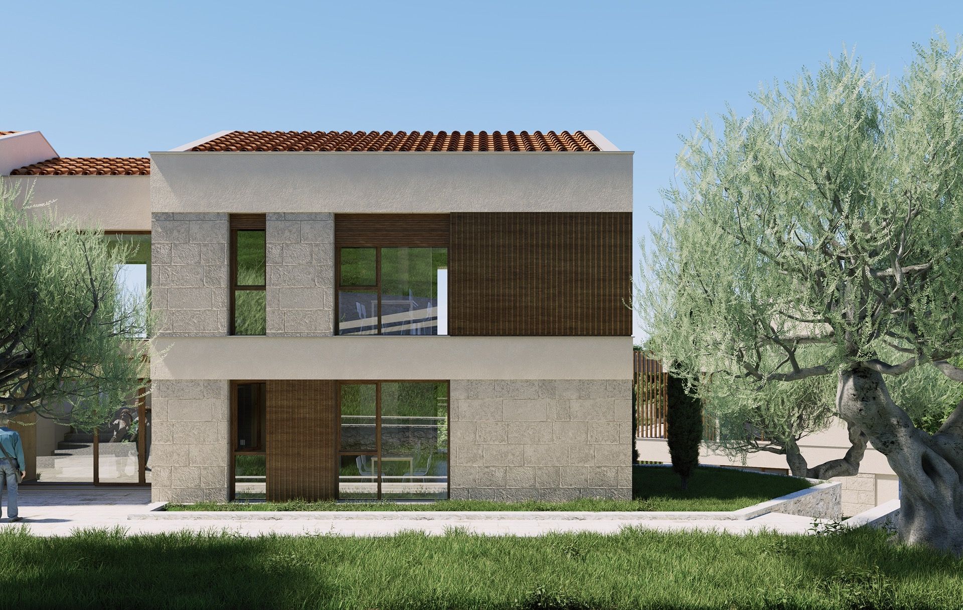 Modern villa in Blizikuće, Montenegro: stone and wood facade, panoramic windows, and olive trees in the garden.
